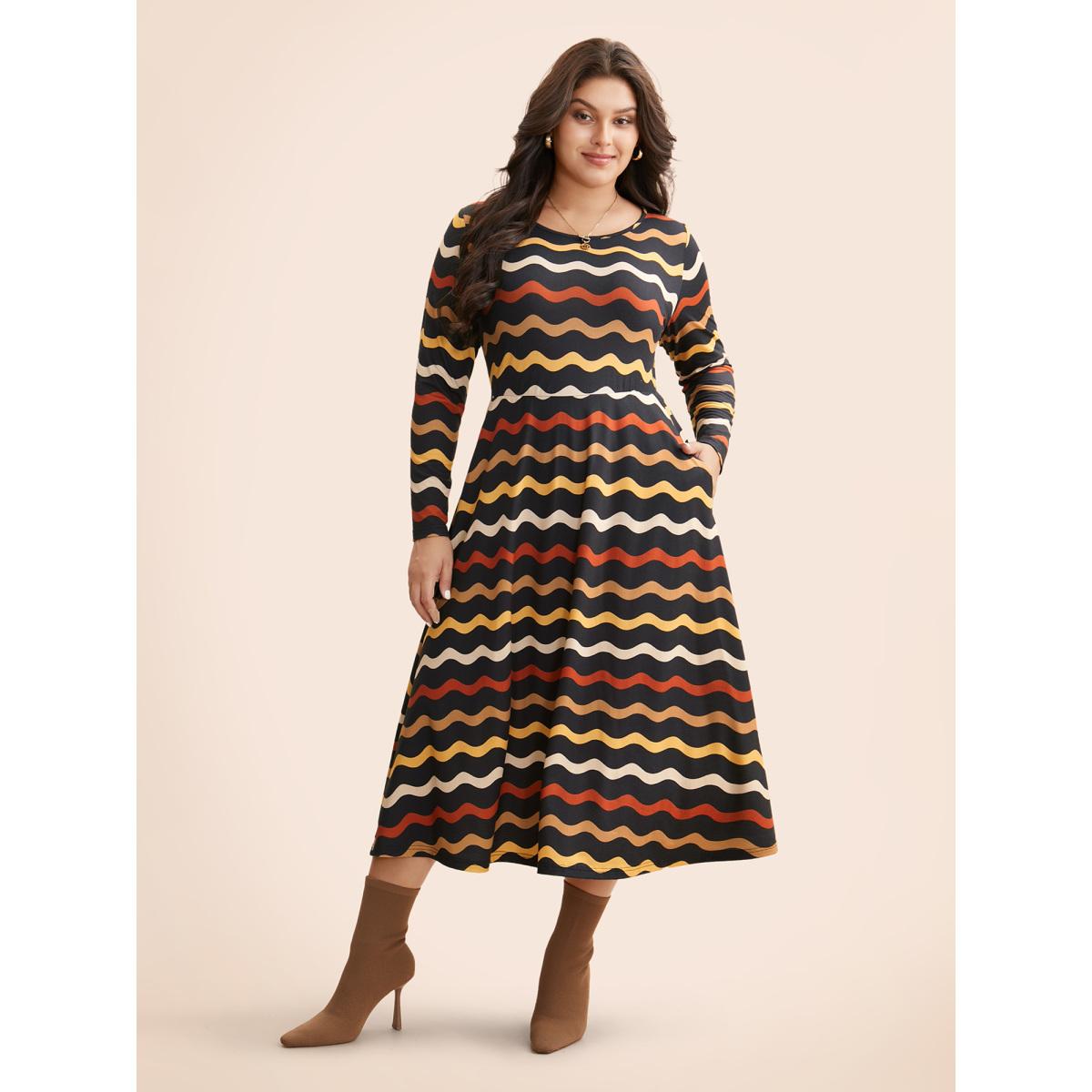 Plus Size Round Neck Contrast Striped Midi Dress BlackFlower Women Elegant Contrast Round Neck Long Sleeve Curvy BloomChic 30/6X Product Image