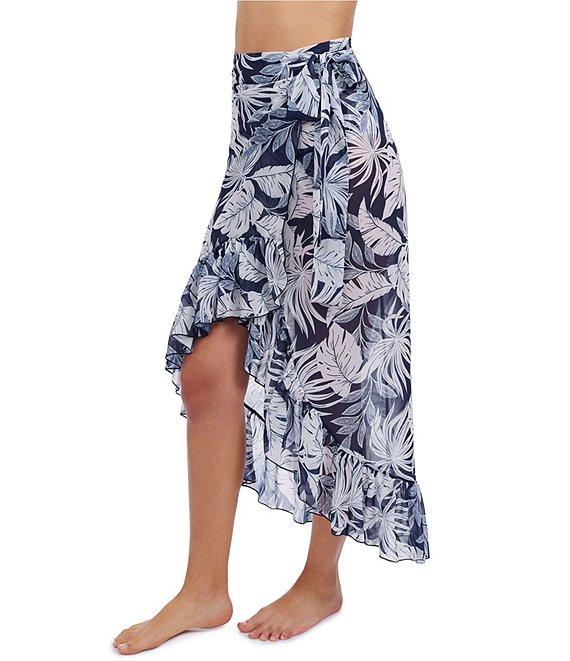 Profile by Gottex Malaya Tropical Leaf Print Ruffle High-Low Wrap Sarong Swim Cover-Up Product Image