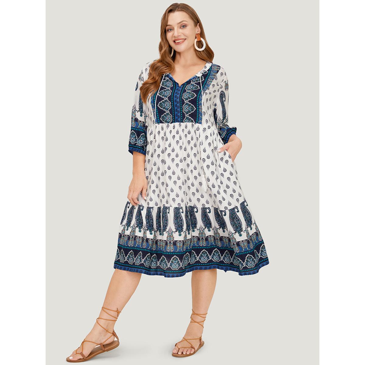 Plus Size Bandana Print Ruffles Lantern Sleeve Pocket Tassels Tie Neck Dress White Women Vacation Tassels Tie Neck Elbow-length sleeve Curvy Midi Dress BloomChic 26/4X Product Image