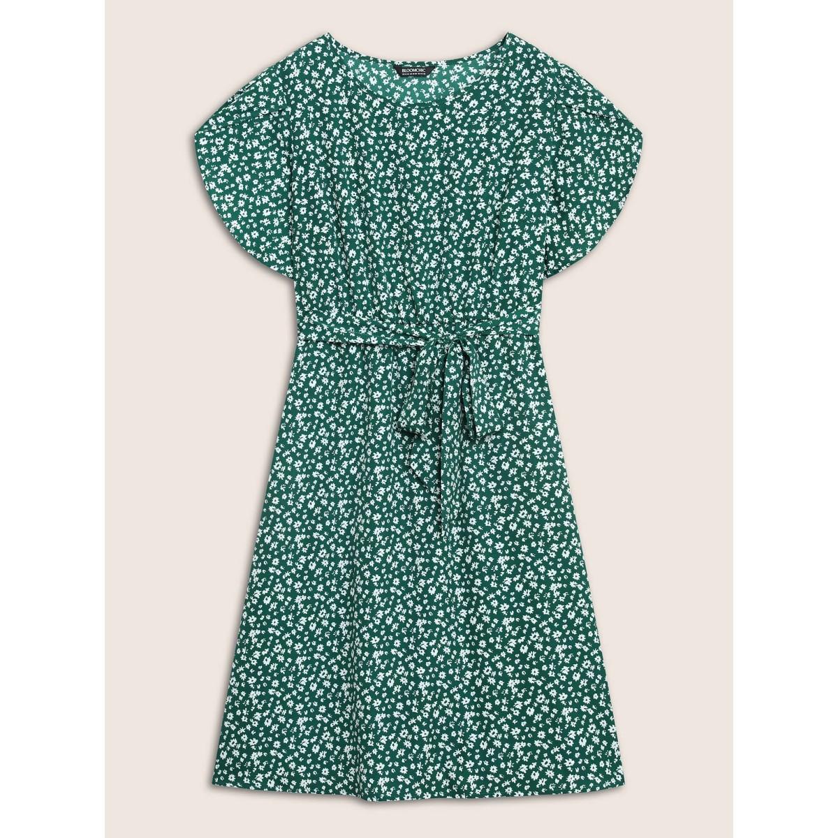 Plus Size Tulip Sleeved Round Neck Midi Dress Teal Women Elegant Belted Round Neck Short sleeve Curvy BloomChic 18-20/2X Product Image