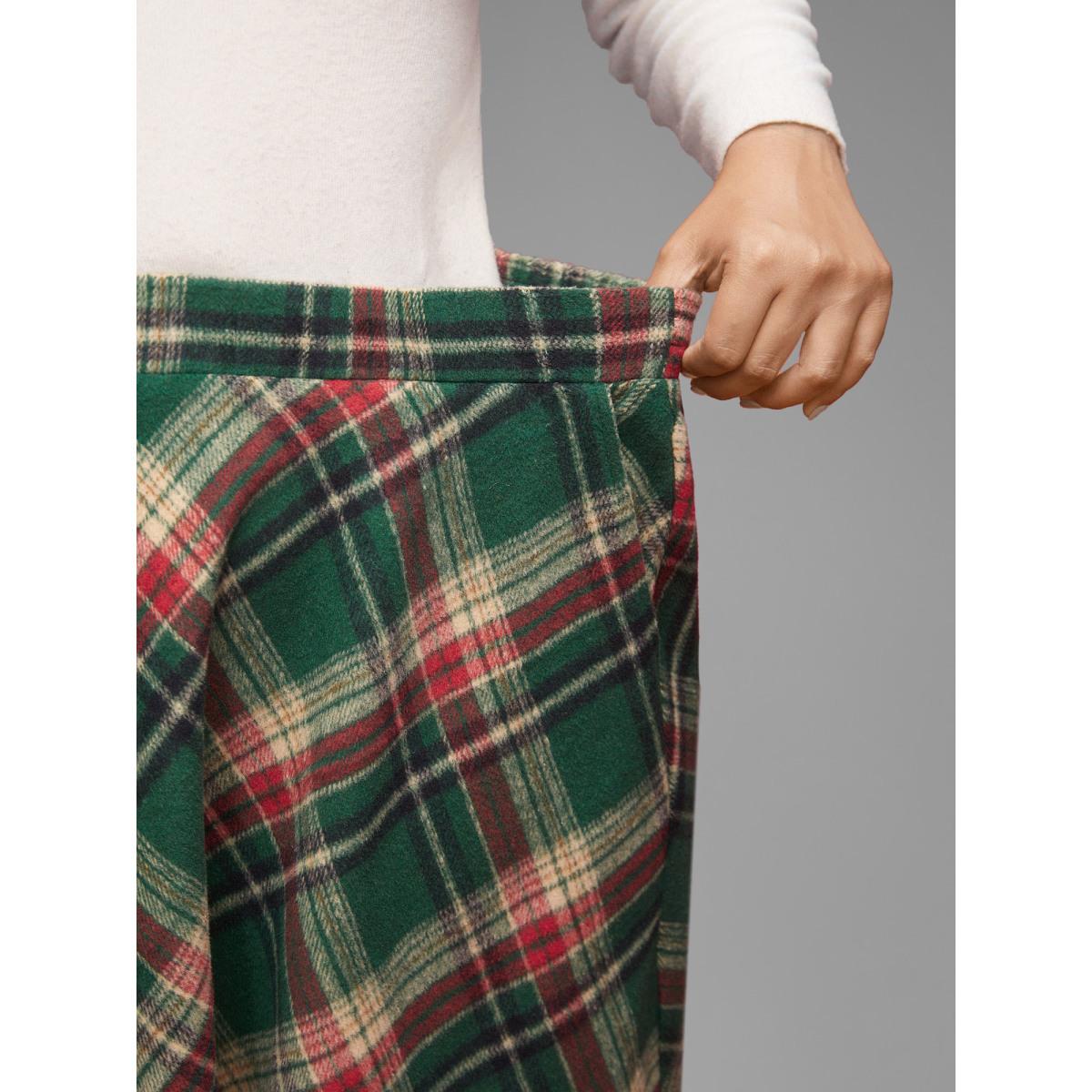 Plus Size Plaid Pattern Elastic Waist A-line Mini Skirt Women DarkGreen Retro Low stretch Slanted pocket Elegant Skirts BloomChic 22-24/3X Product Image