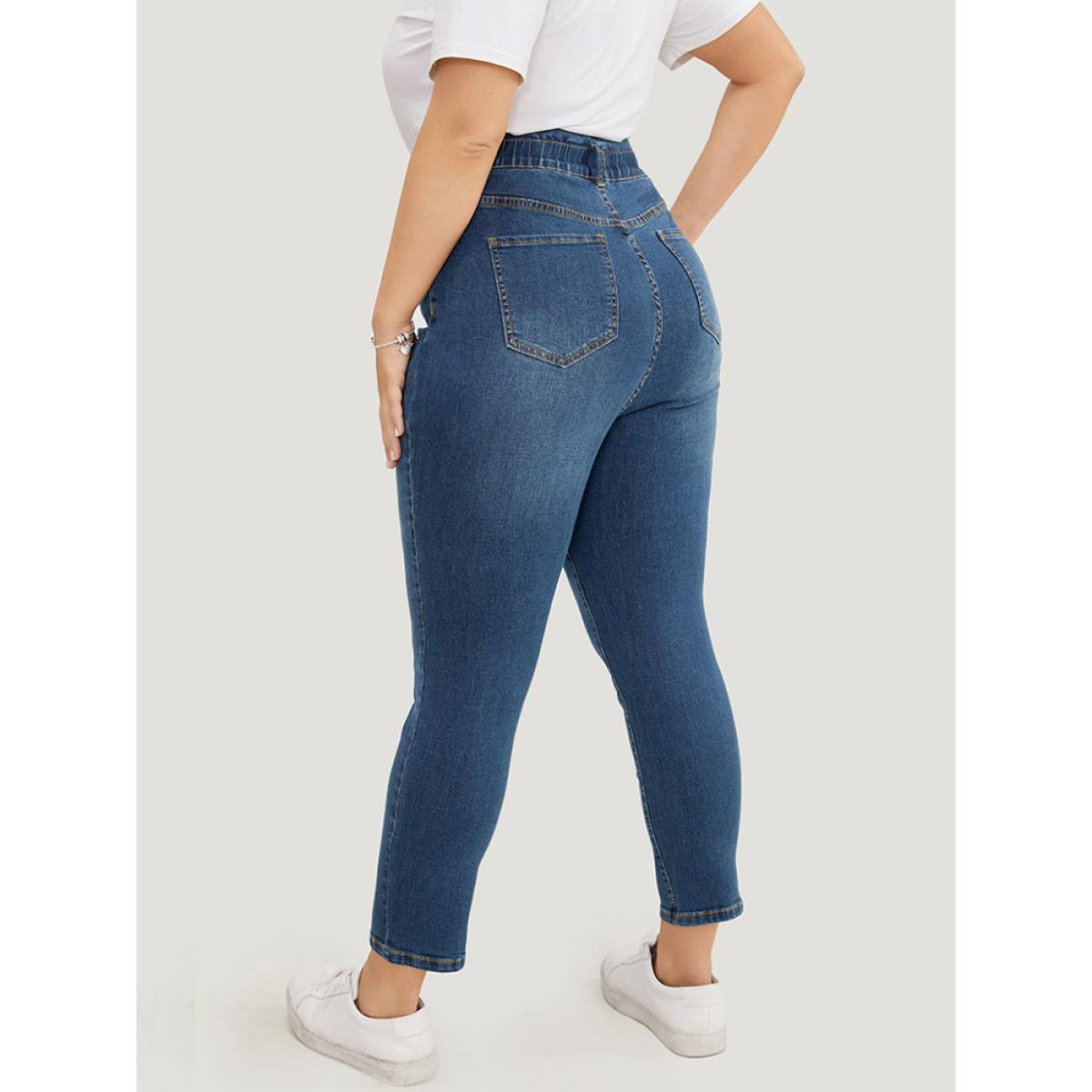 Plus Size Very Stretchy High Rise Medium Wash Ripped Jeans Women Indigo Casual Plain High stretch Pocket Jeans BloomChic 28/5X Product Image