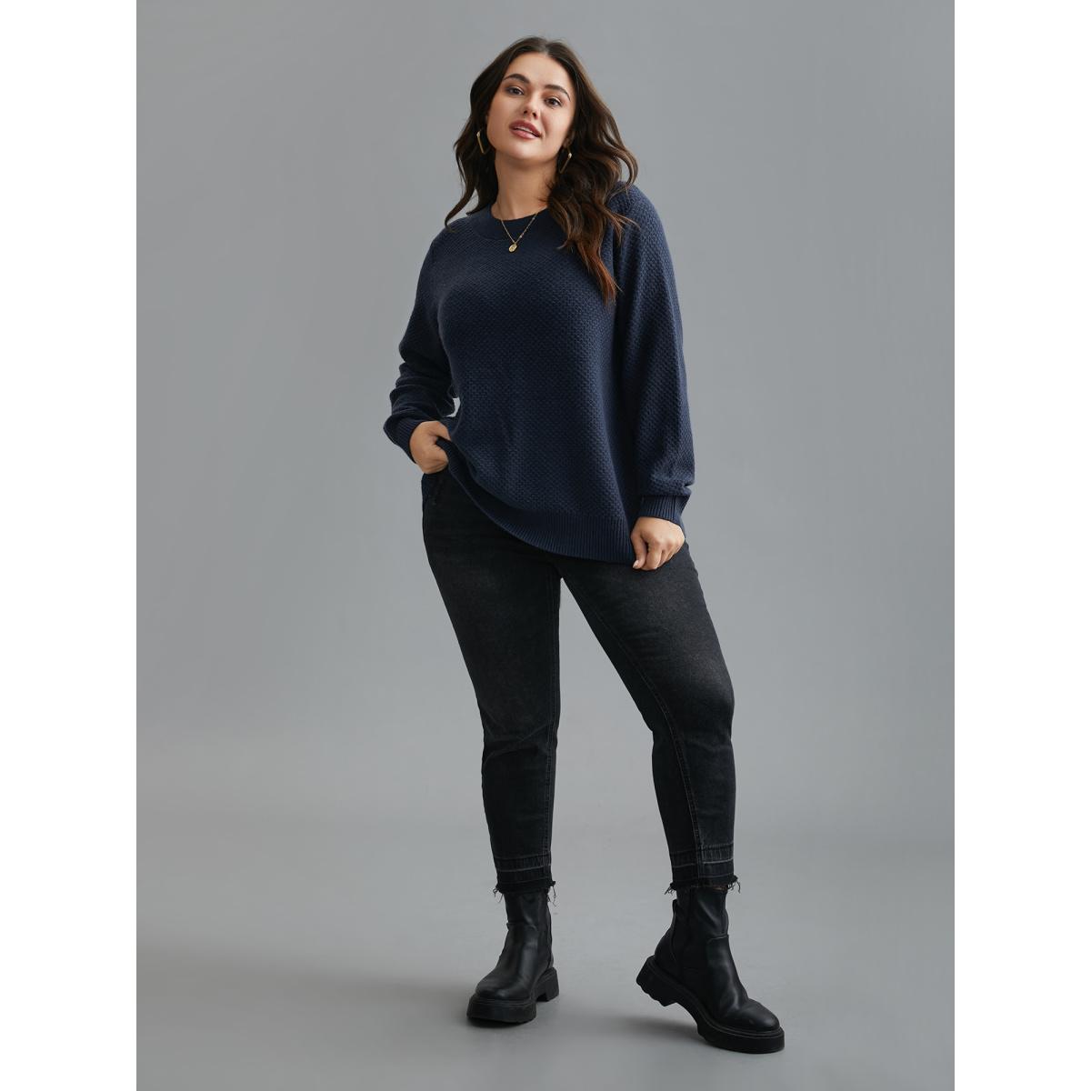 Plus Size Supersoft Essentials Textured Back Slit Pullover Indigo Women Casual Loose Long Sleeve Round Neck Everyday Pullovers BloomChic 12/L Product Image