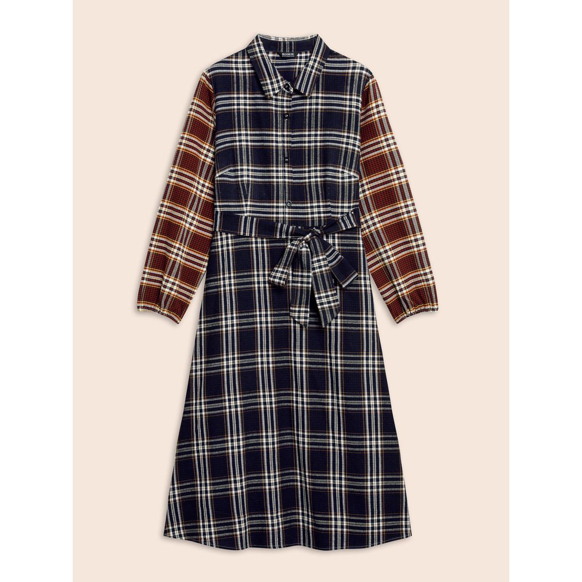 Plus Size Shirt Collar Plaid Contrast Belted Dress Multicolor Women Casual Belted Shirt collar Long Sleeve Curvy BloomChic 18-20/2X Product Image