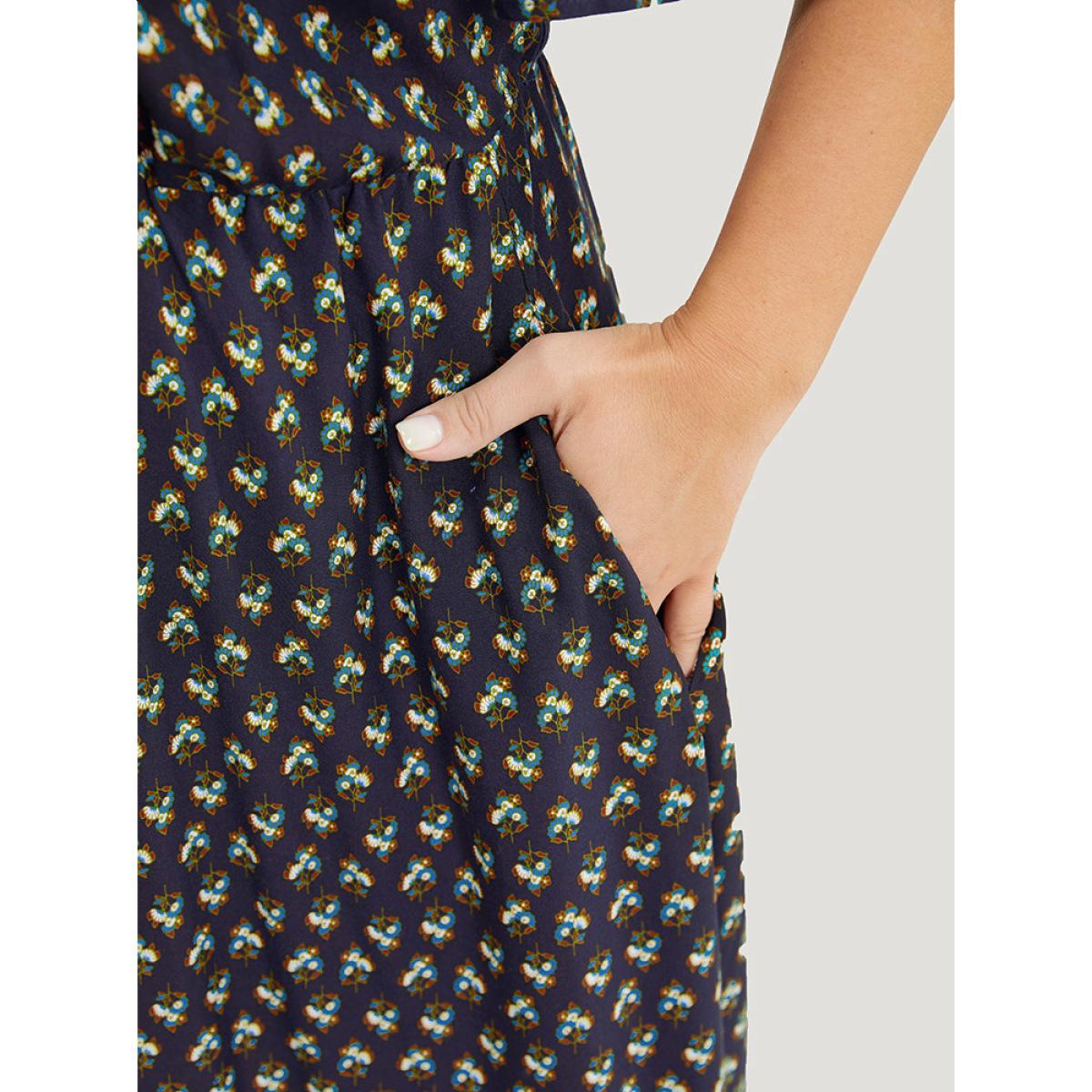 Plus Size Bandana Print Pocket Ruffle Trim Cold Shoulder Maxi Dress Indigo Women Vacation Adjustable Straps V-neck Short sleeve Curvy Maxi Dress BloomChic 12/L Product Image