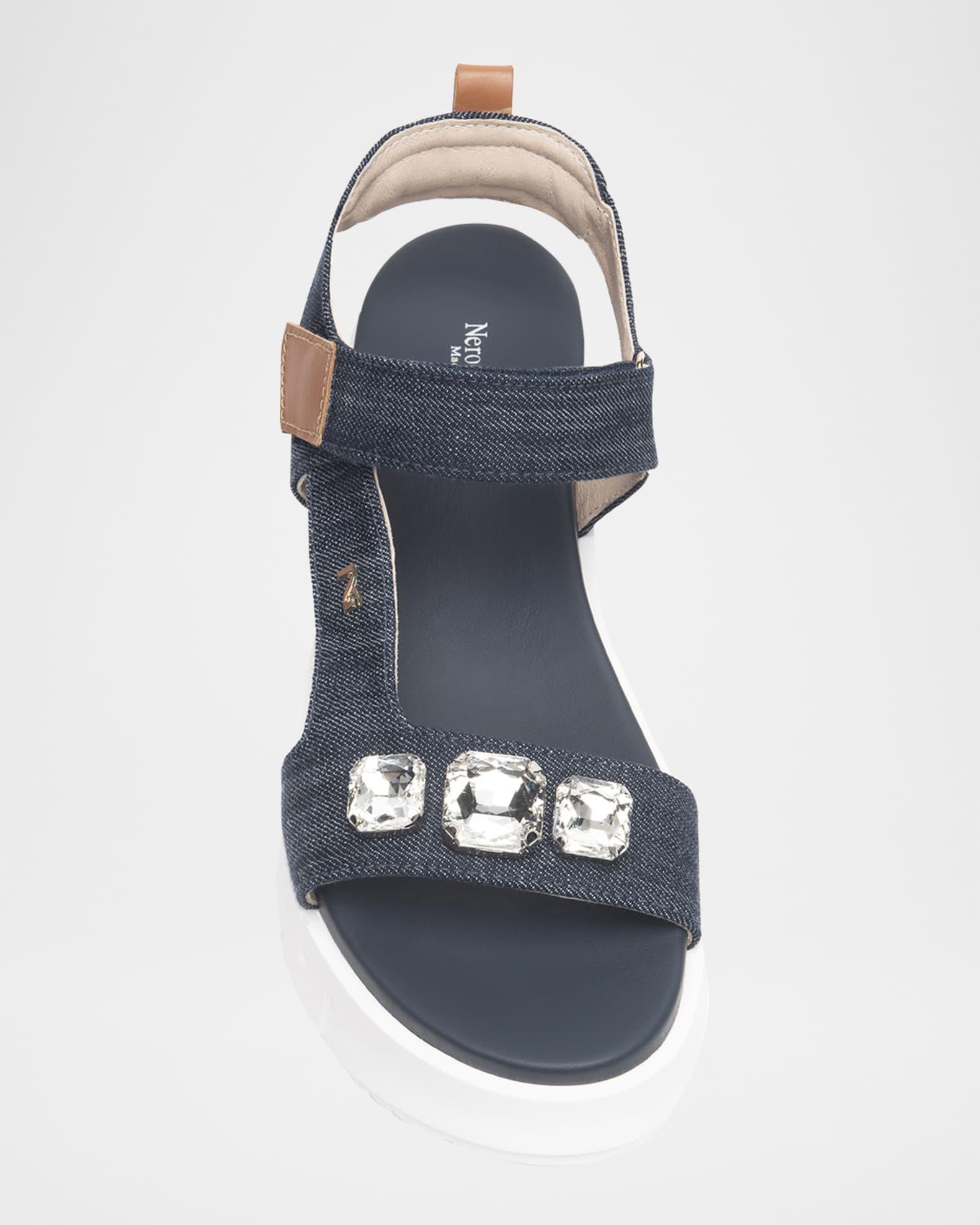 Stone Embellished Denim and Leather Sandals Product Image