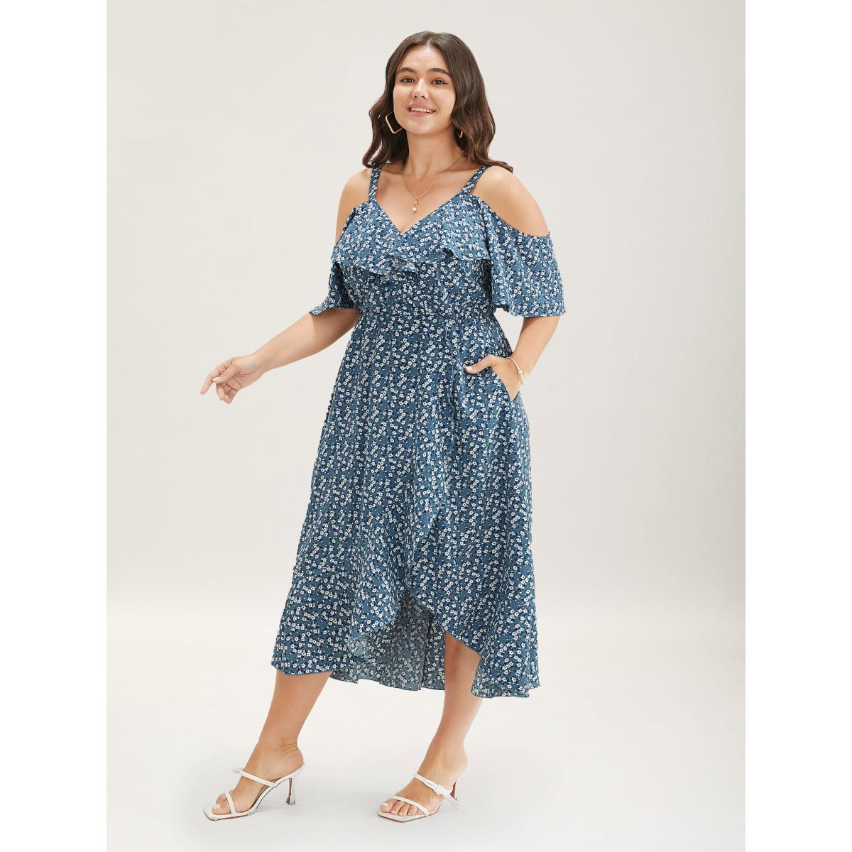 Plus Size Ditsy Floral Pocket Wrap Cold Shoulder Ruffle Dress Stone Women Romantic Non Overlap Collar Short sleeve Curvy Midi Dress BloomChic 12/L Product Image
