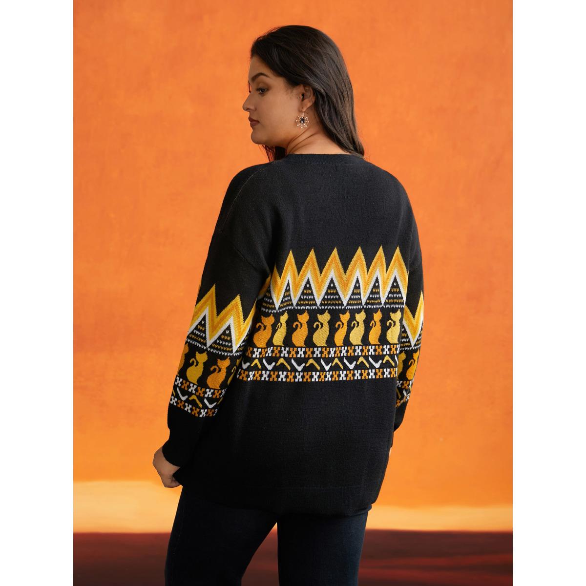 Plus Size Cat Printed Jacquard Fair Isle Pullover Black Women Casual Long Sleeve Round Neck Everyday Pullovers BloomChic 18-20/2X Product Image