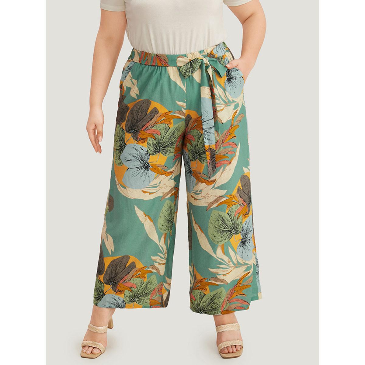 Plus Size Plants Print Elastic Waist Ties Pants Women Mint Vacation Straight Leg High Rise Dailywear Pants BloomChic 26/4X Product Image