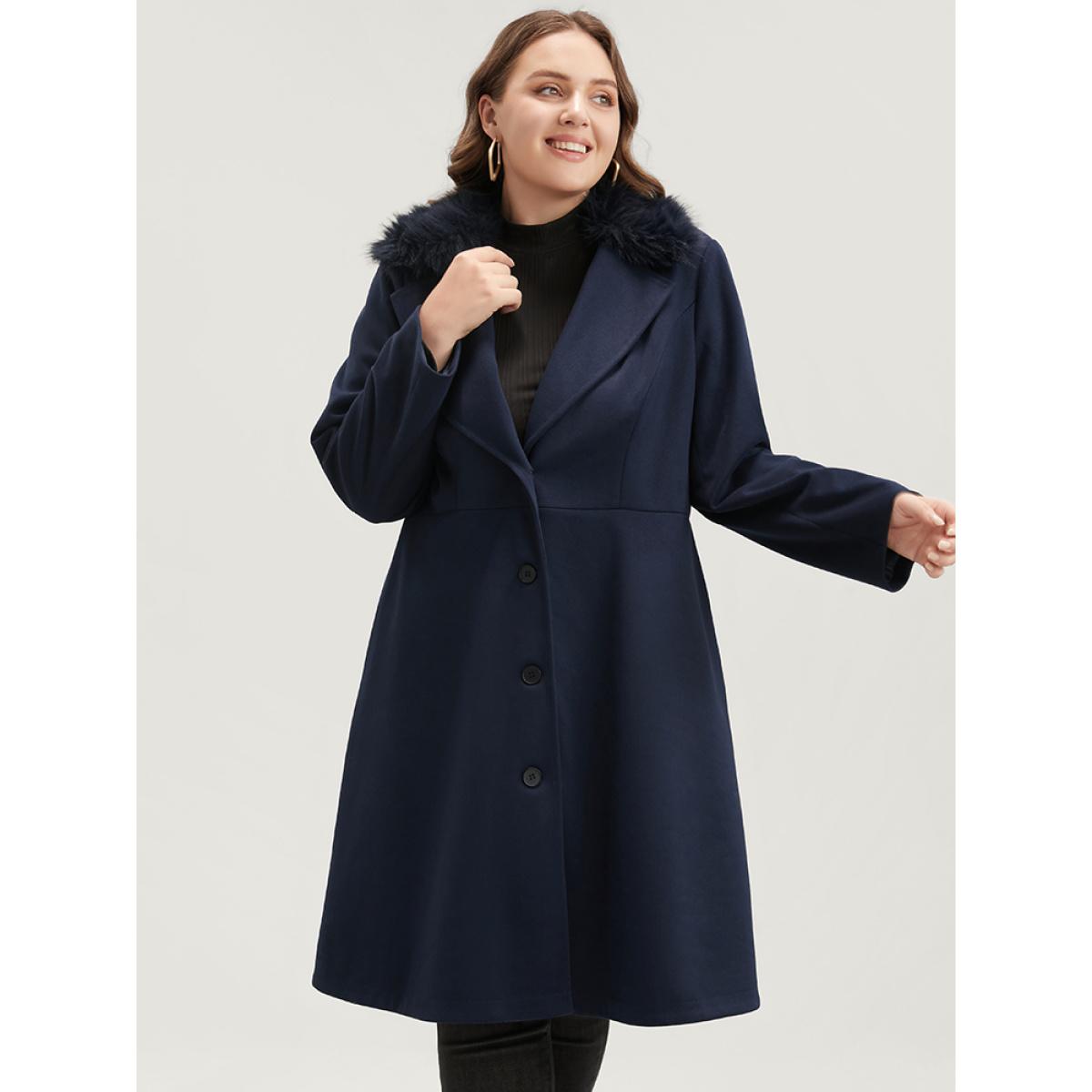 Plus Size Solid Pocket Single Breasted Fuzzy Trim Coat Without Belt Women DarkBlue Elegant Patchwork Ladies Dailywear Winter Coats BloomChic 28/5X Product Image