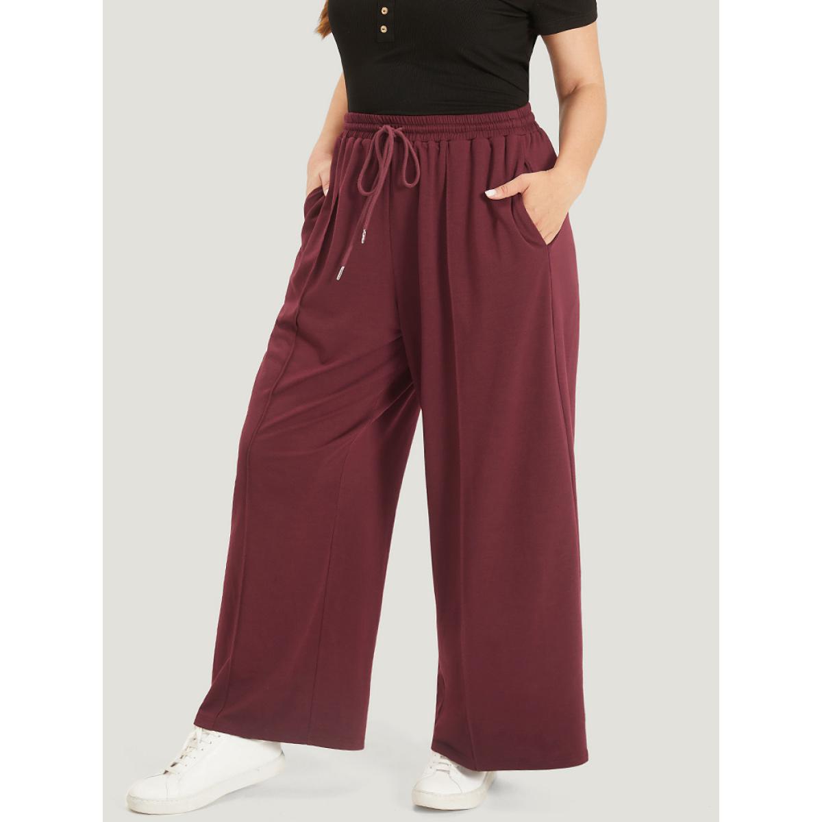 Solid Drawstring Pocket Loose Sweatpants Scarlet Plus Size Women Casual Dailywear Plain 10/M Bloomchic Product Image