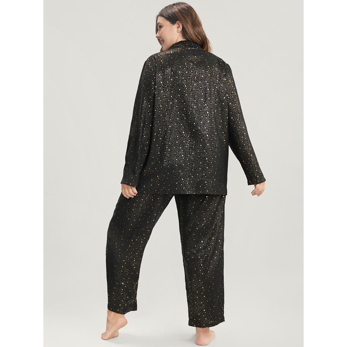 Plus Size Moon And Star Suit Collar Button Up Pajama Set Women Black Moon and Star Printed Long Sleeve Suit Collar Casual Loungewear Sets BloomChic 12/L Product Image