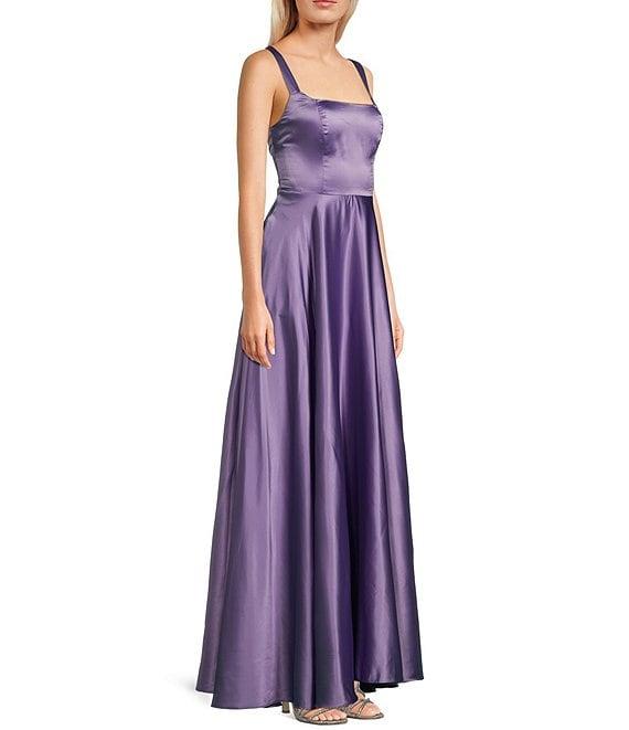 B. Darlin Square Neck Dull Charmeuse Long Dress Product Image