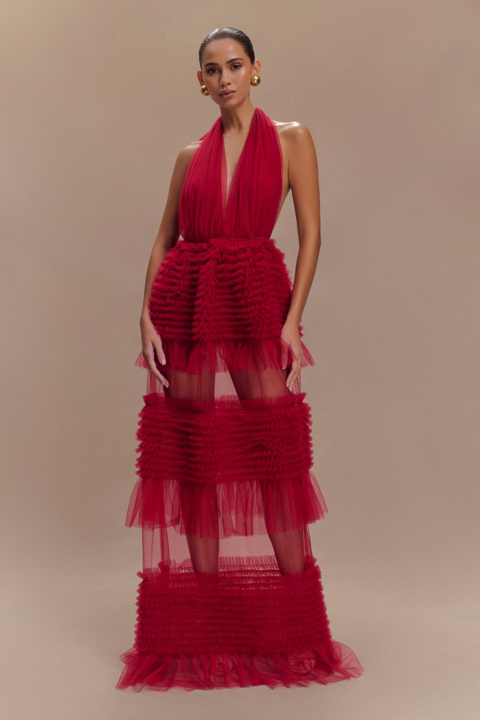 Minka Mesh Ruffle Halter Maxi Dress - Red Product Image