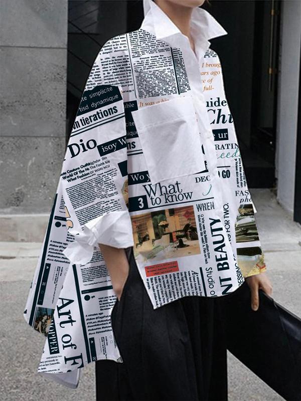 High-Low Long Sleeves Letter Print Pockets Split-Side Lapel Blouses Product Image