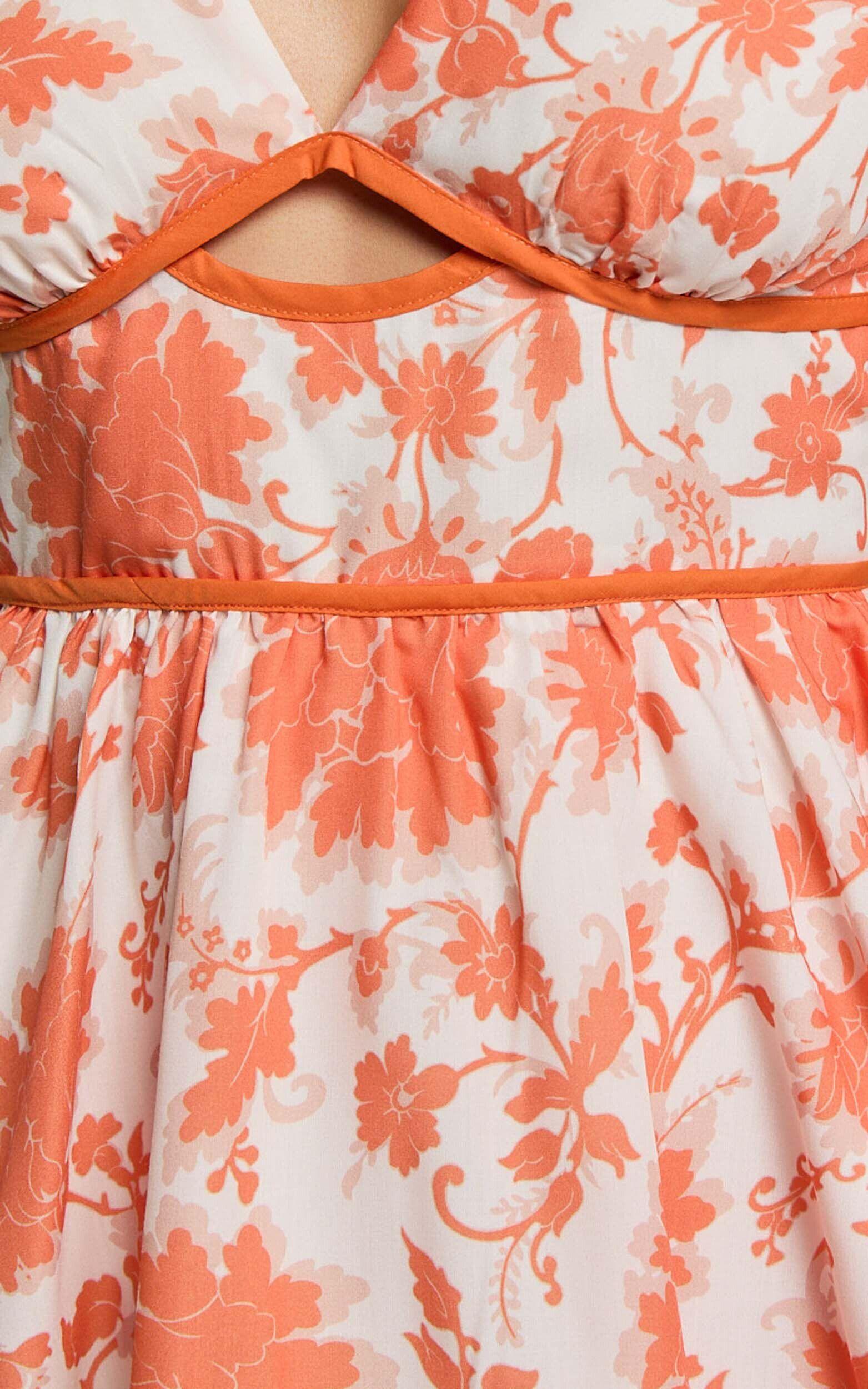 Natalia Mini Dress - Puff Sleeve Cut Out Dress in Orange Floral Product Image