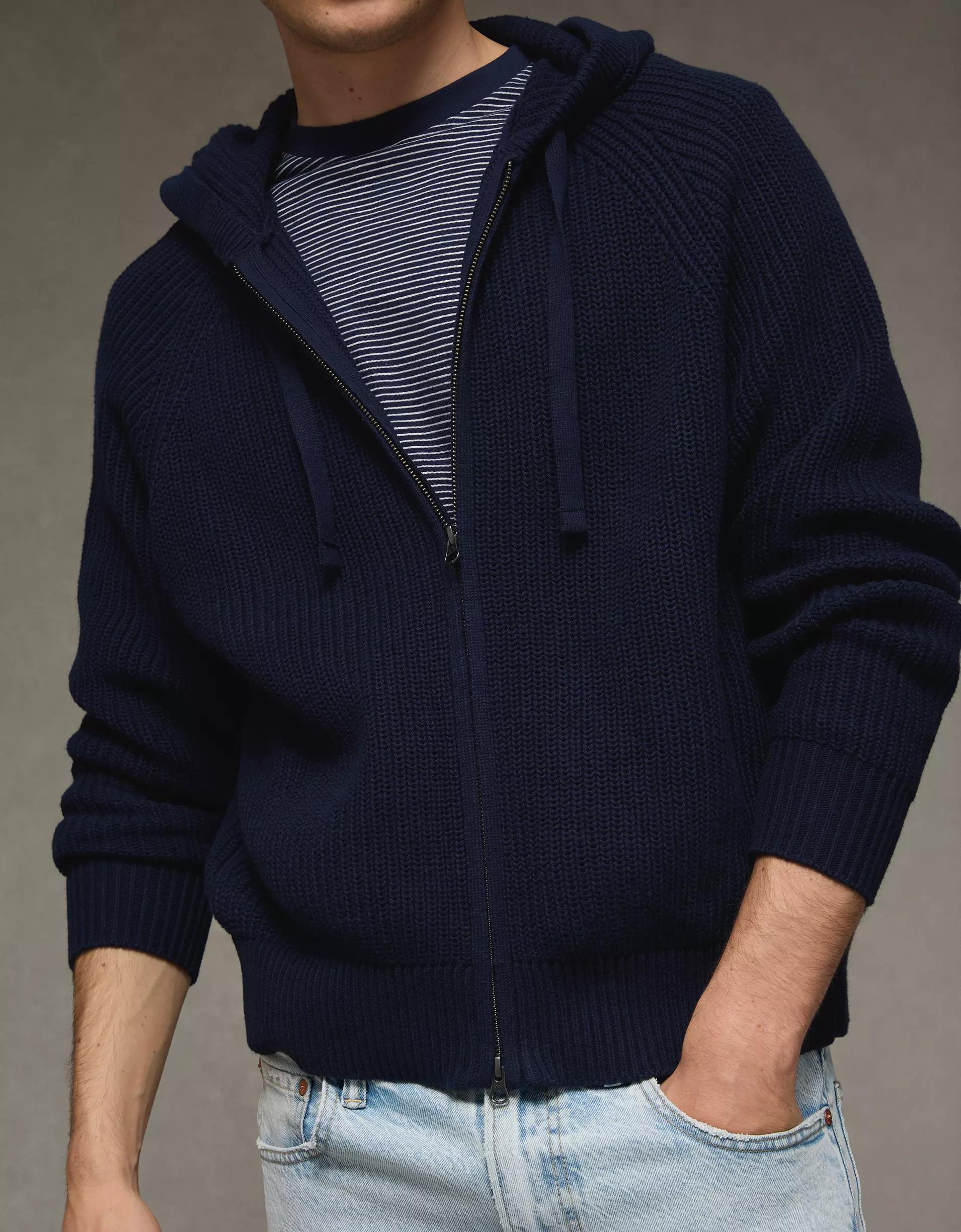 AE Zip-Up Shaker Stitch Sweater Hoodie Product Image