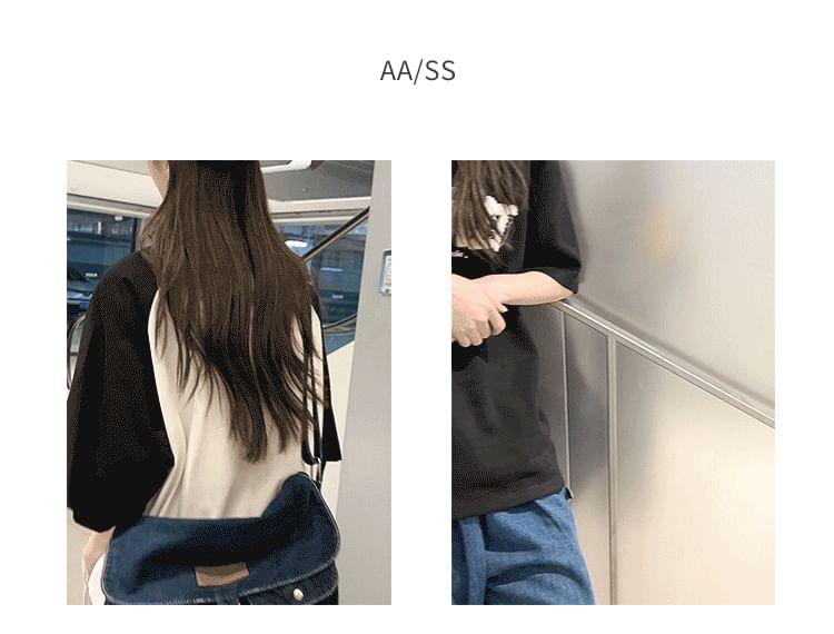 Multi-Pocket Applique Denim Messenger Bag Product Image