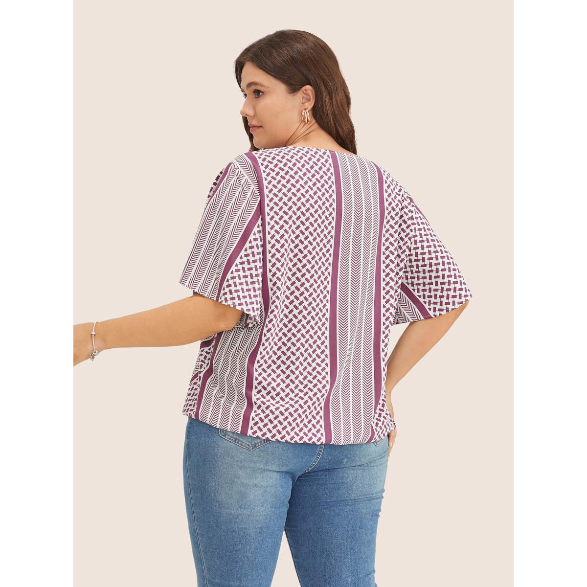 Plus Size RedViolet Geometric Contrast Ruffle Sleeve Wrap Blouse Women Resort Short sleeve Overlap Collar Vacation Blouses BloomChic 12/L Product Image