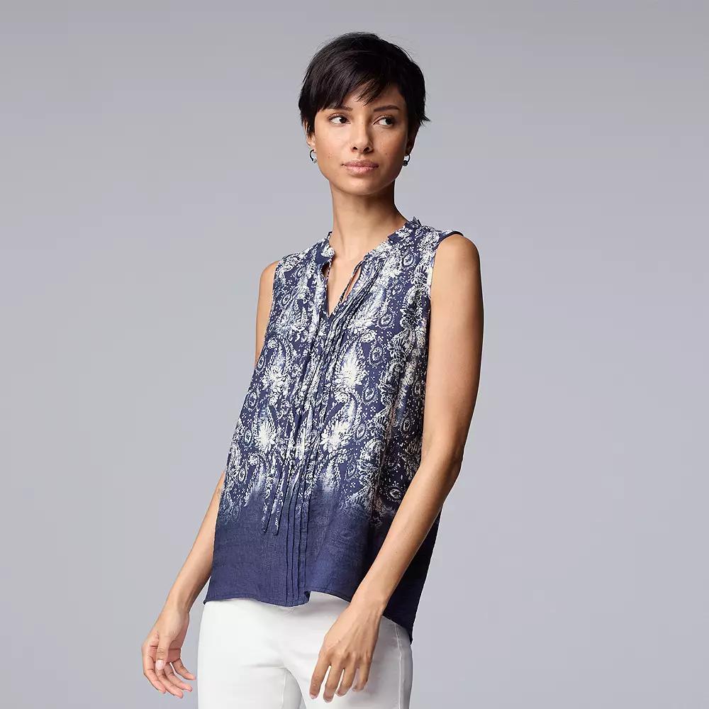 Women's Simply Vera Vera Wang Tie-Front Pintuck Sleeveless Shell Top, Size: Small, Dark Blue Bandana Product Image