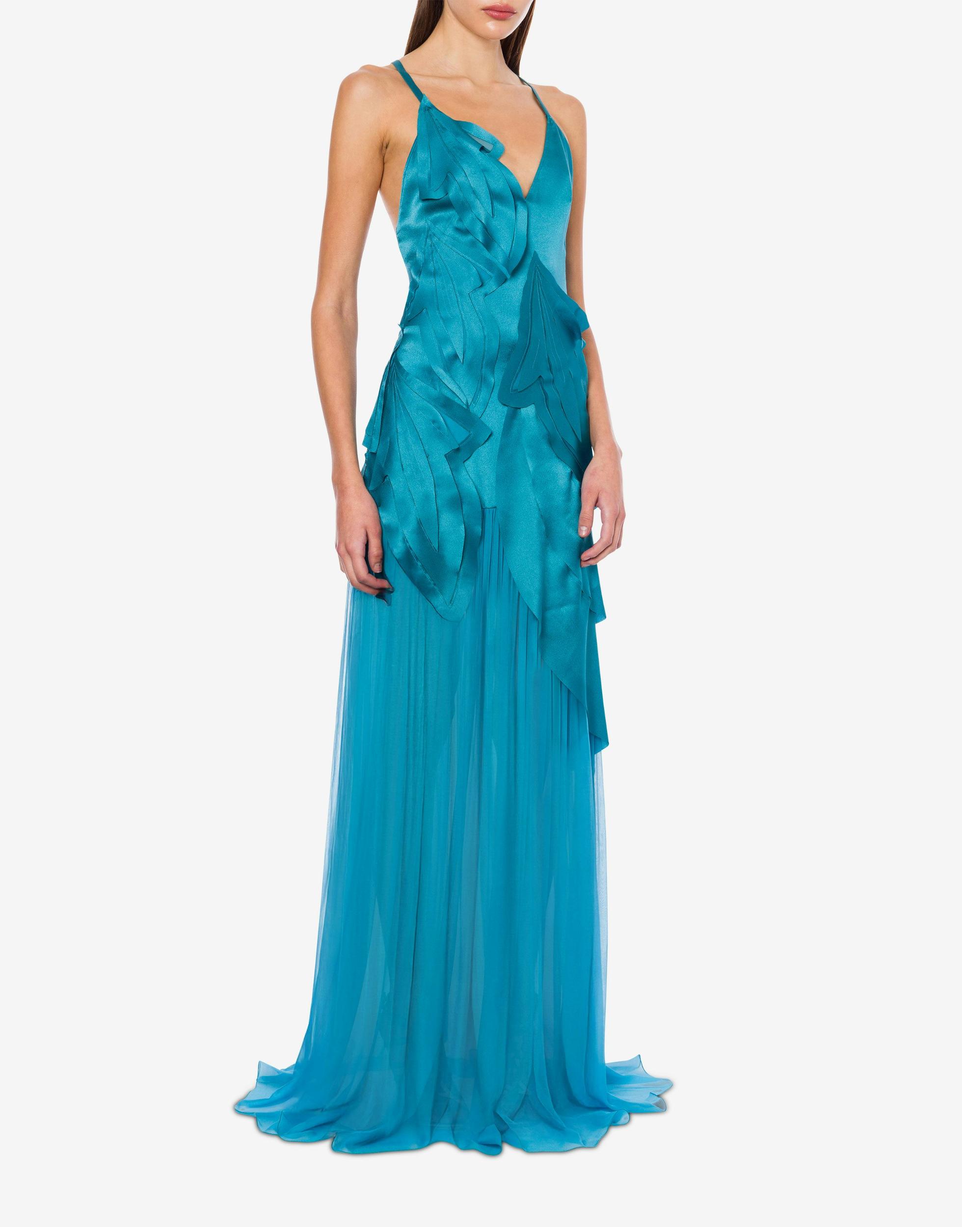 Satin and chiffon dress with laser-printed leaves Product Image