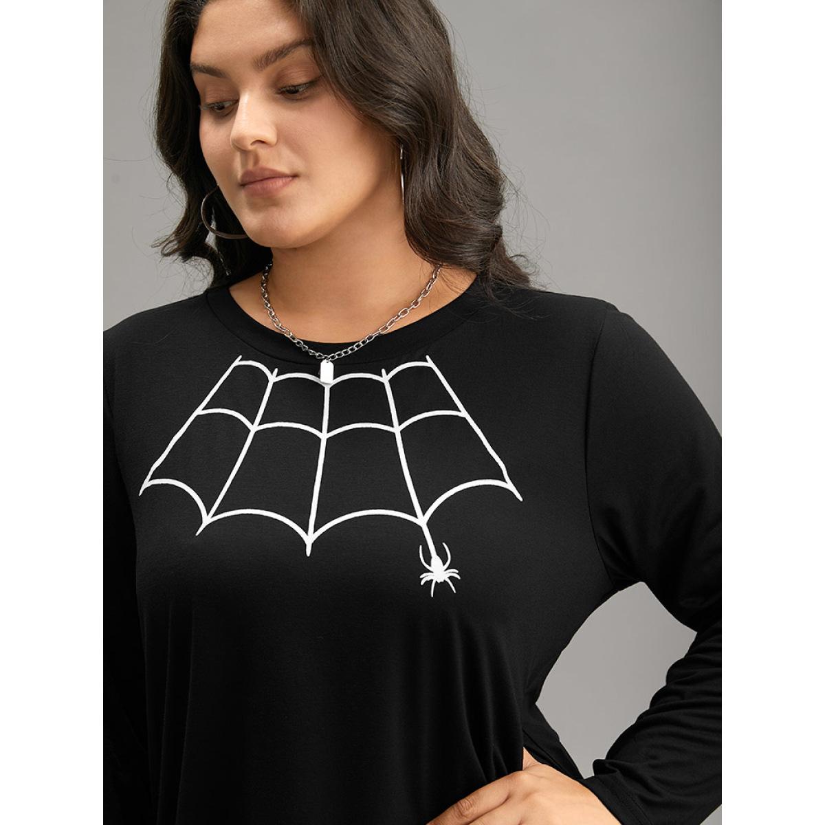 Plus Size Halloween Spider Web Print Round Neck T-shirt Black Women Casual Printed Halloween Round Neck Festival-Halloween T-shirts BloomChic 18-20/2X Product Image