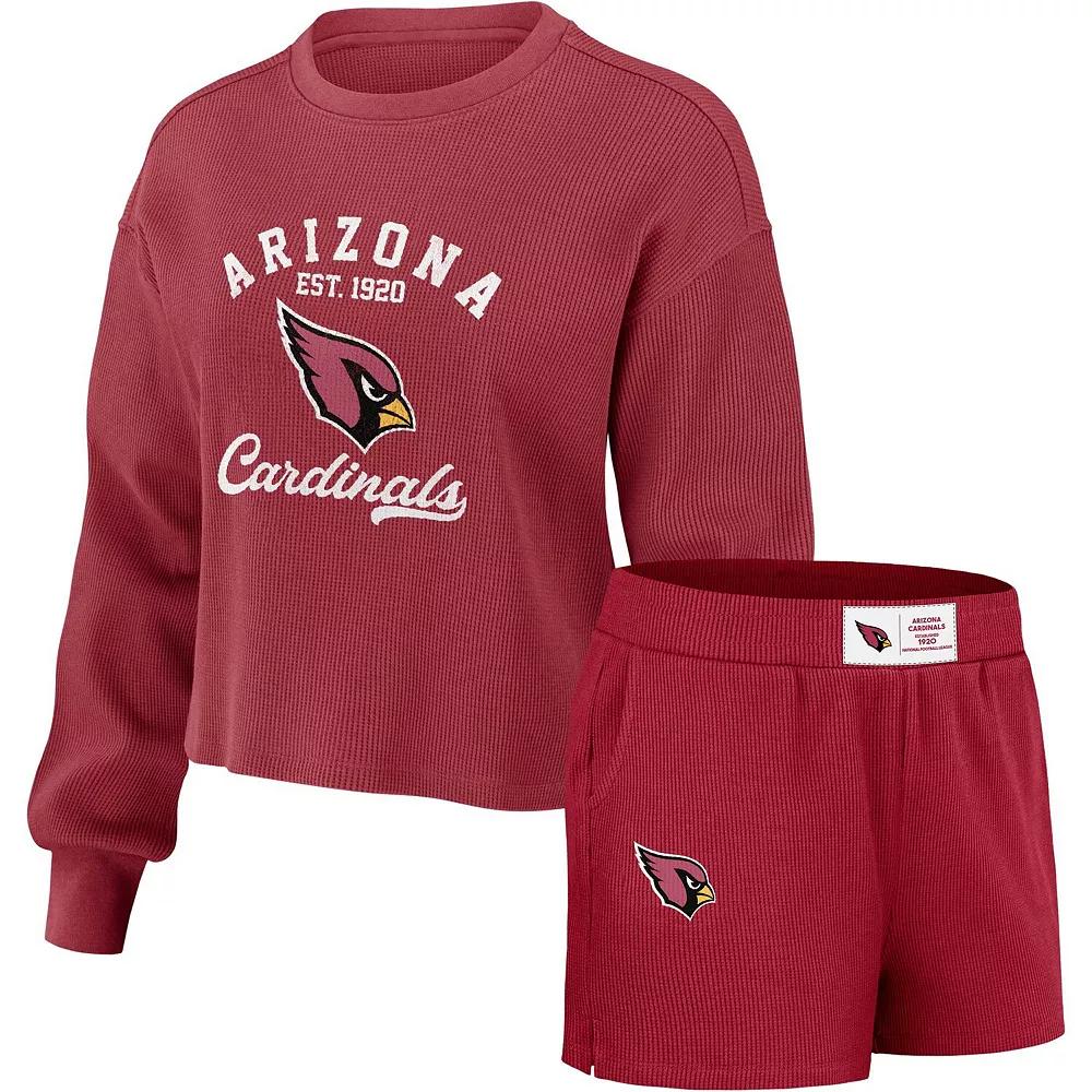 Women's WEAR by Erin Andrews Cardinal Arizona Cardinals Waffle Knit Long Sleeve T-Shirt & Shorts Lounge Set,  Product Image