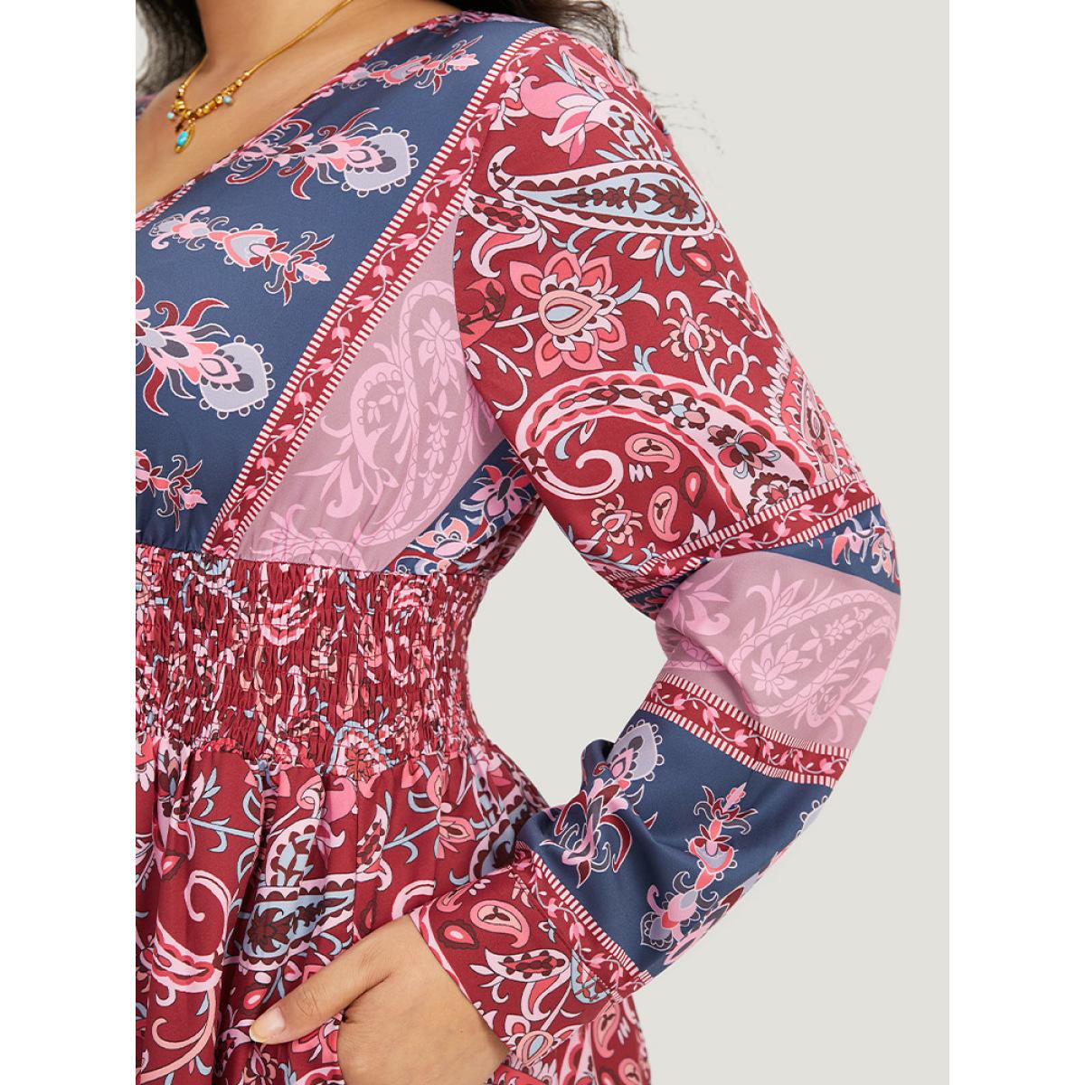 Plus Size Bandana Print Pocket Shirred Bowknot Dress Scarlet Women Vacation Cross straps V-neck Long Sleeve Curvy Midi Dress BloomChic 12/L Product Image