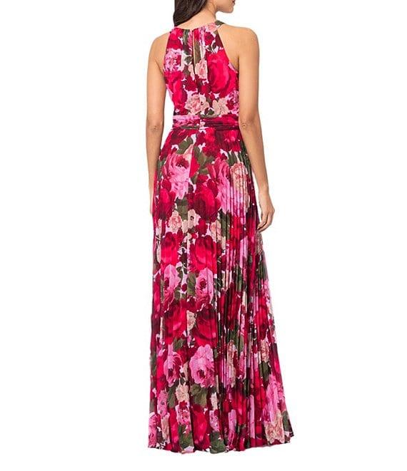 Xscape Chiffon Floral Print Halter Neck Sleeveless Pleated Blouson Gown Product Image