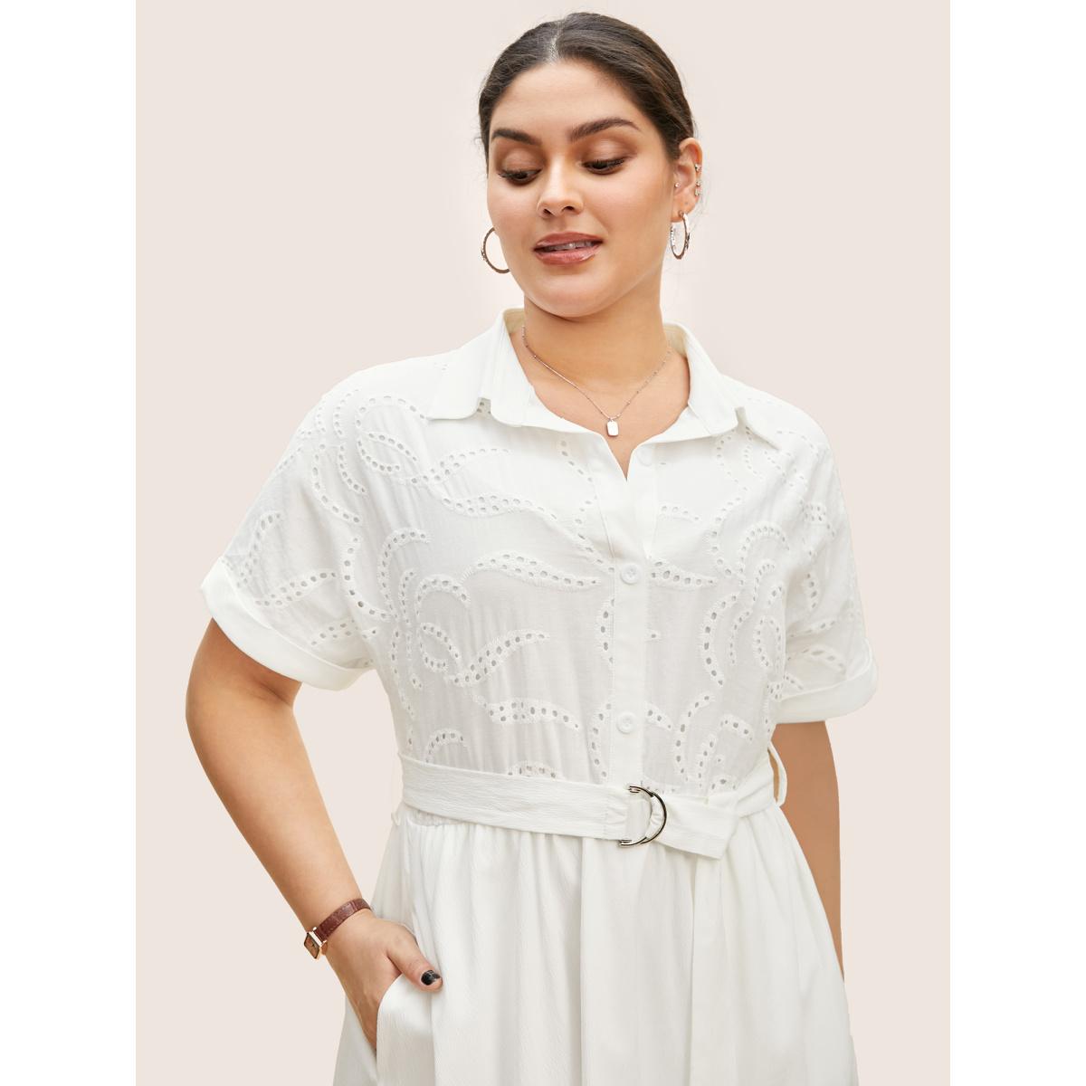 Plus Size Broderie Anglaise Shirt Collar Belted Dress Originalwhite Women Work From Home Belted Shirt collar Short sleeve Curvy BloomChic 22-24/3X Product Image