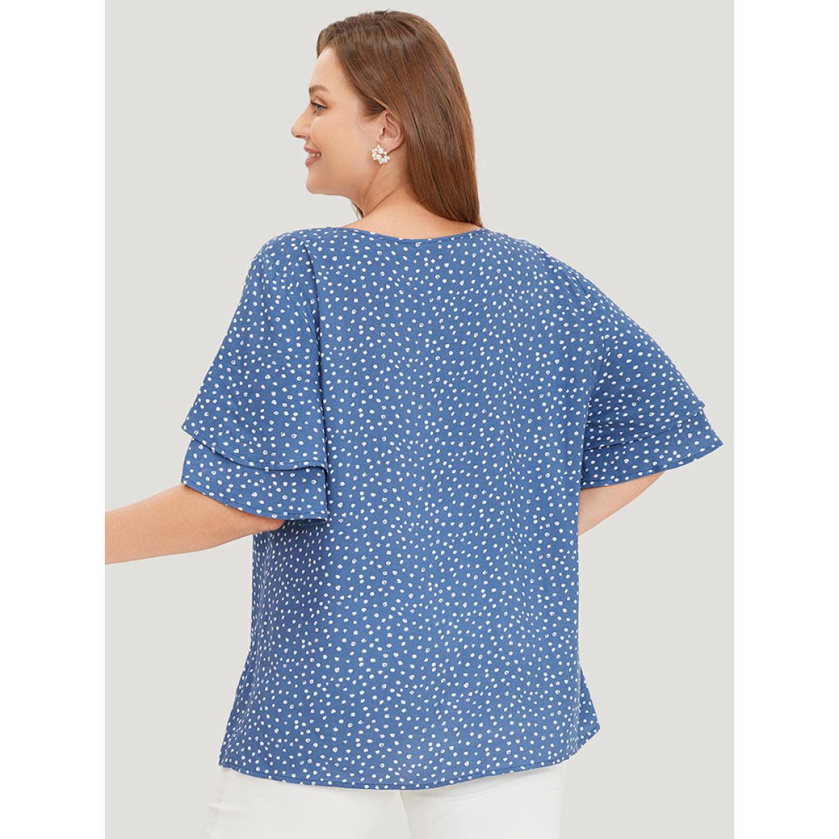 Plus Size Cerulean Polka Dot Flutter Sleeve Layered Blouse Women Elegant Half Sleeve V-neck Dailywear Blouses BloomChic 26/4X Product Image