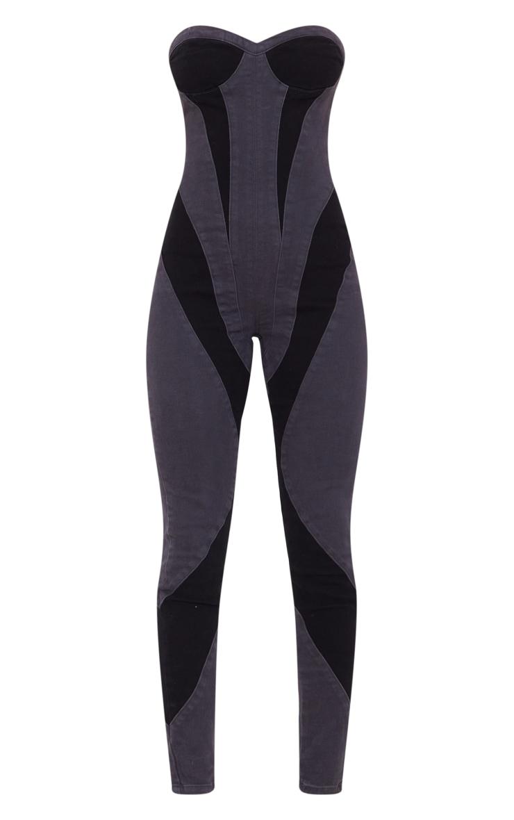 Black Contrast Panel Detail Denim Jumpsuit Product Image