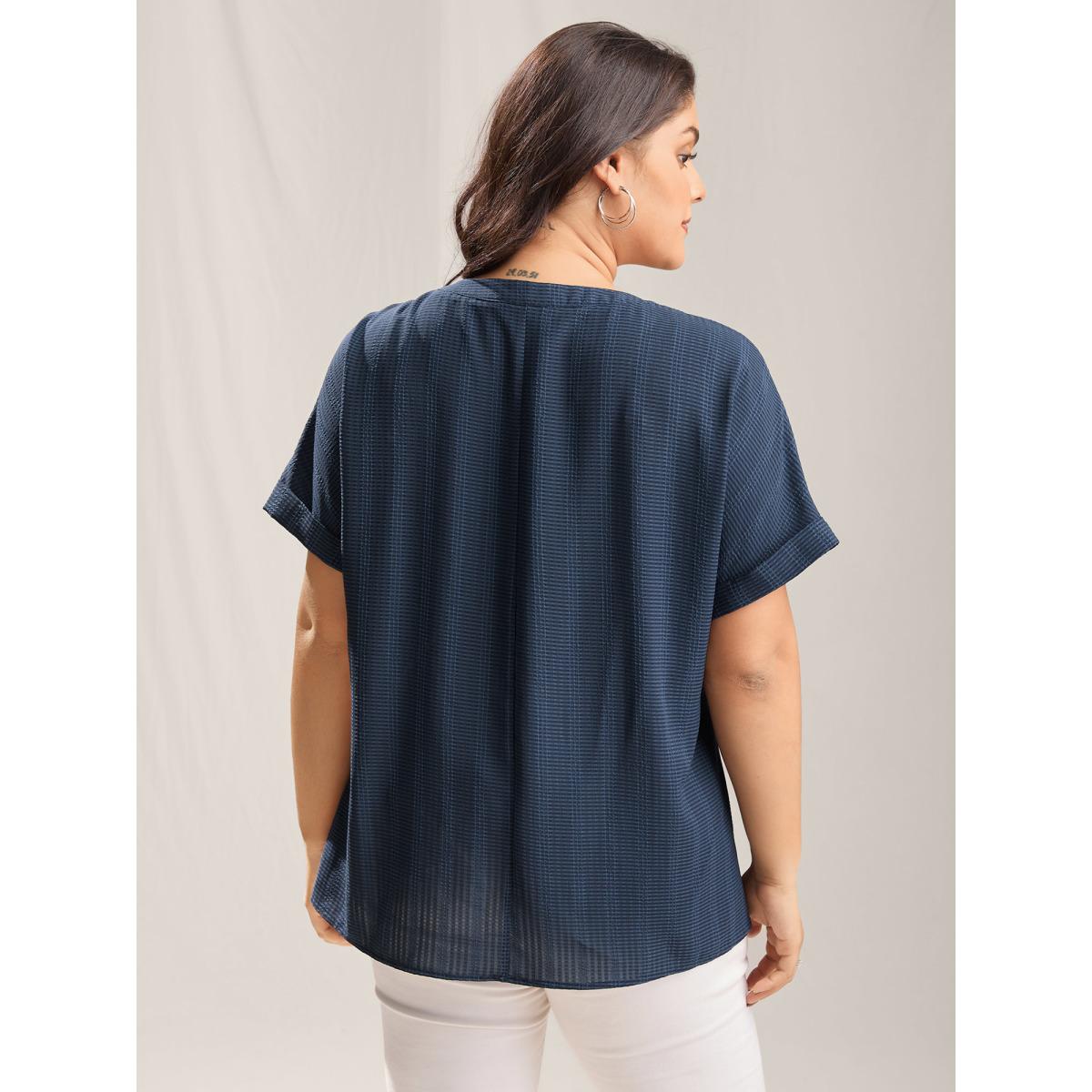 Plus Size Indigo Textured Half Placket Split Neck Shirt Women Short sleeve Flat collar with V-notch Work Blouses BloomChic 28/5X Product Image