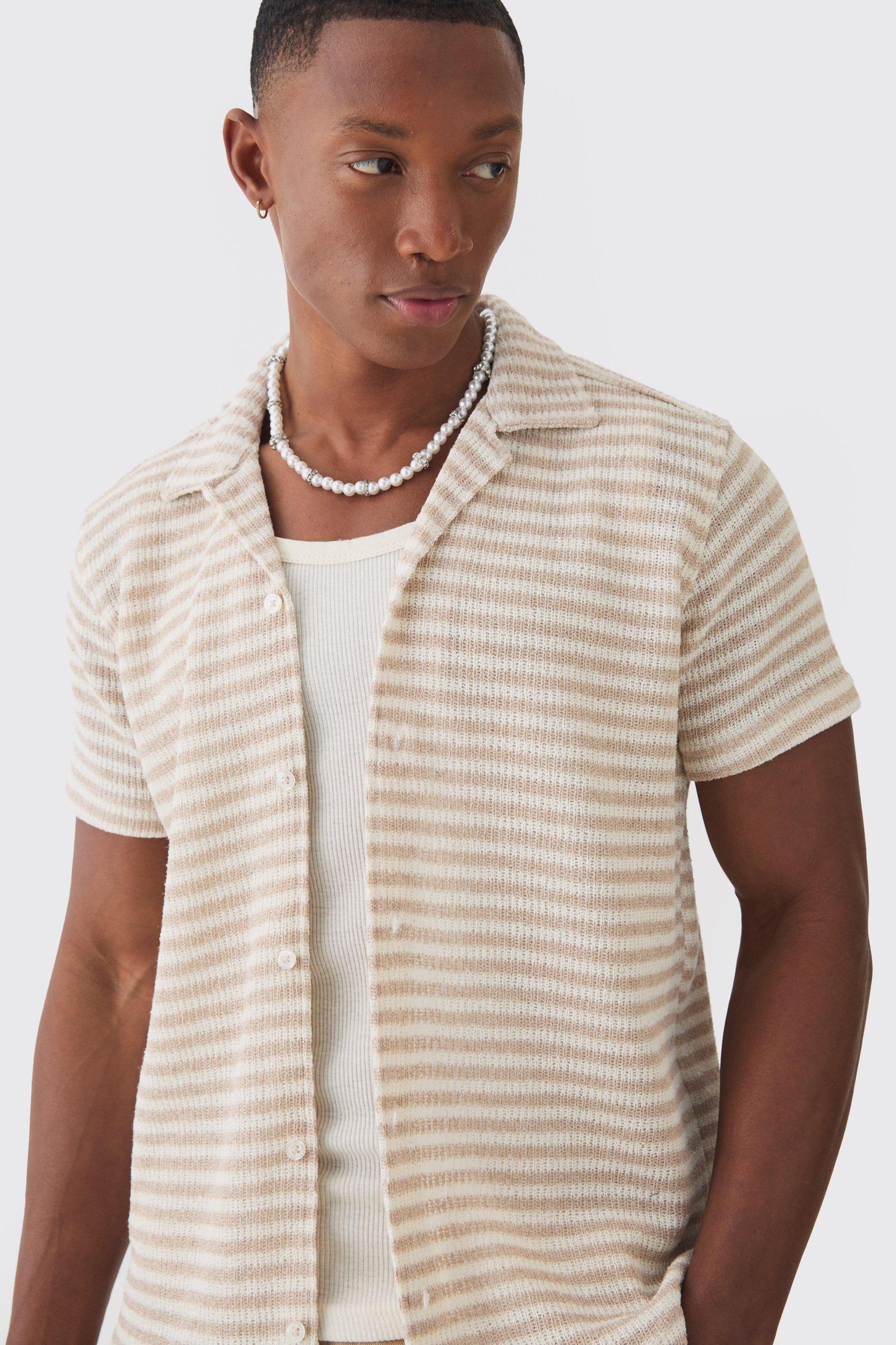 Tonal Stripe Open Stitch Resort Shirt | boohooMAN USA Product Image