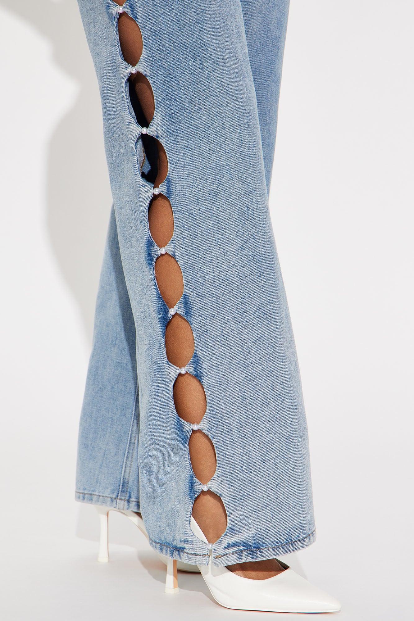 Clutching My Pearls Cut Out Wide Leg Jeans - Light Wash Product Image