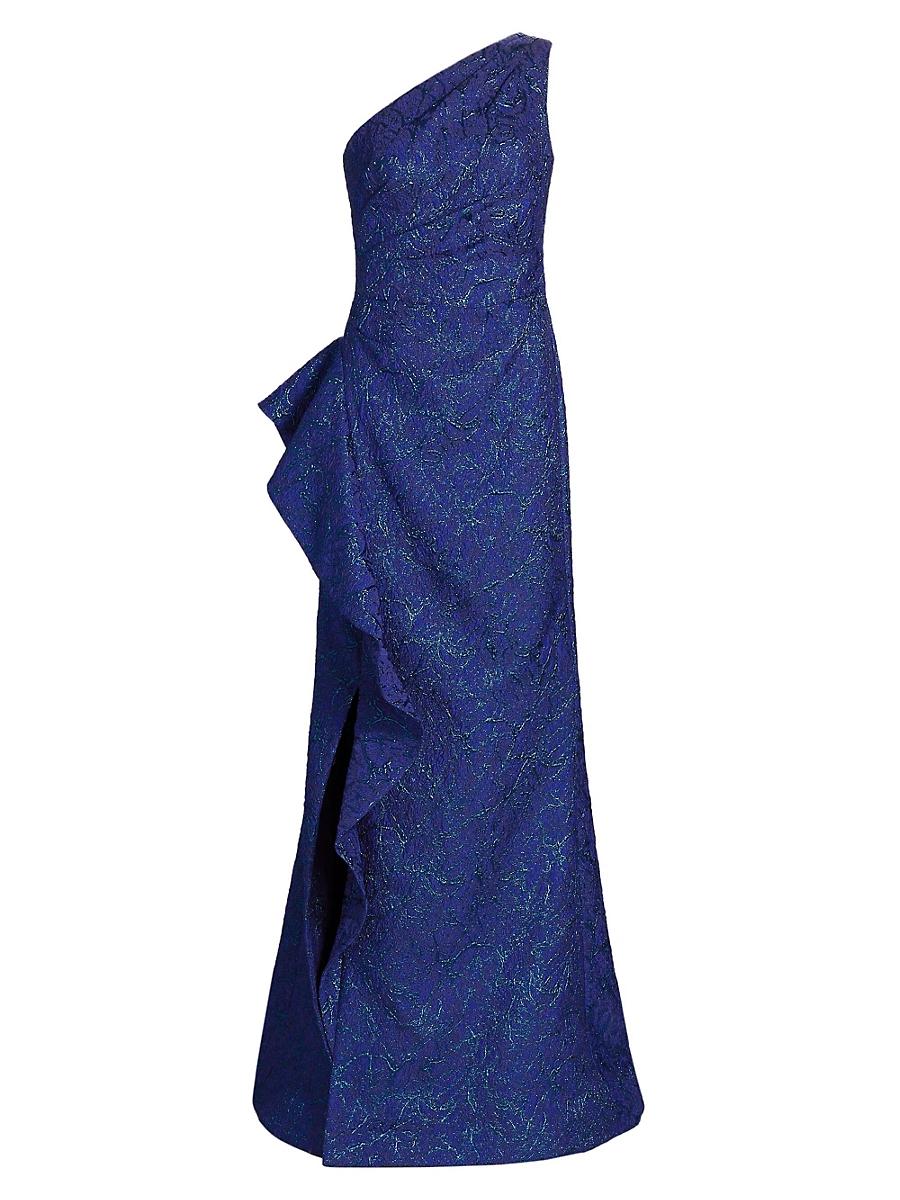 Womens Metallic Jacquard One-Shoulder Gown Product Image