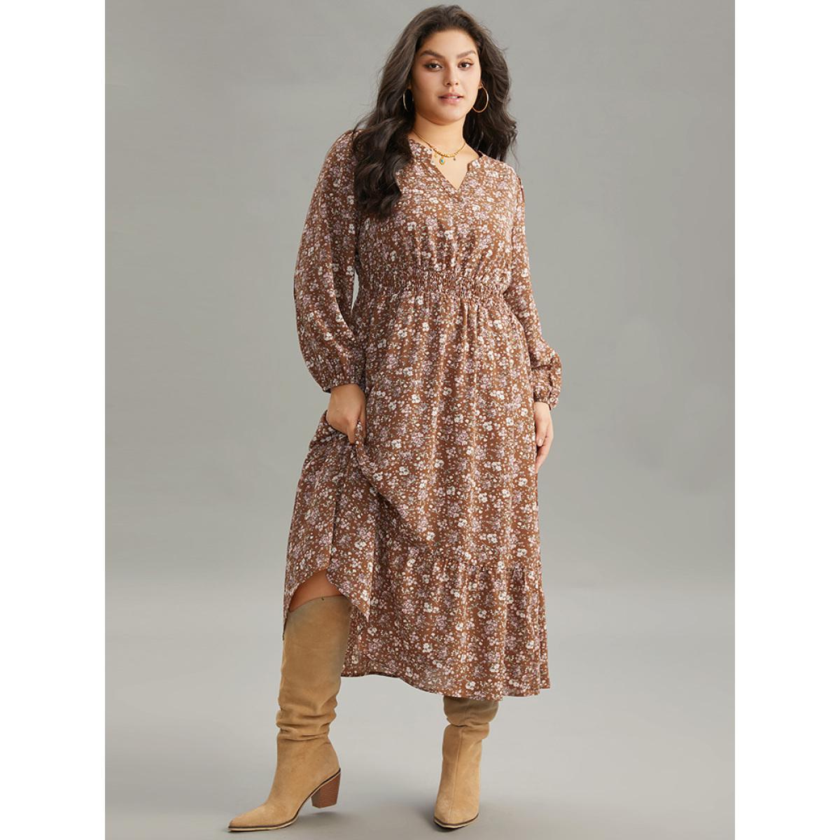 Plus Size Ditsy Floral Notched Flutter Hem Dress Chocolate Women Elegant Elastic cuffs Notched collar Long Sleeve Curvy Midi Dress BloomChic 28/5X Product Image