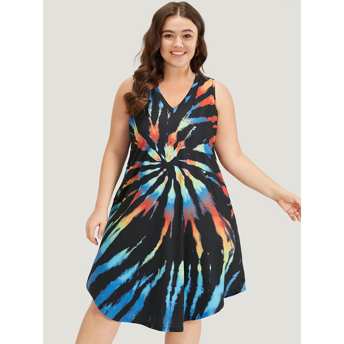 Plus Size Tie Dye Pocket Curved Hem Tank Dress Black Women Casual Tie Dye V-neck Sleeveless Curvy Midi Dress BloomChic 18-20/2X Product Image