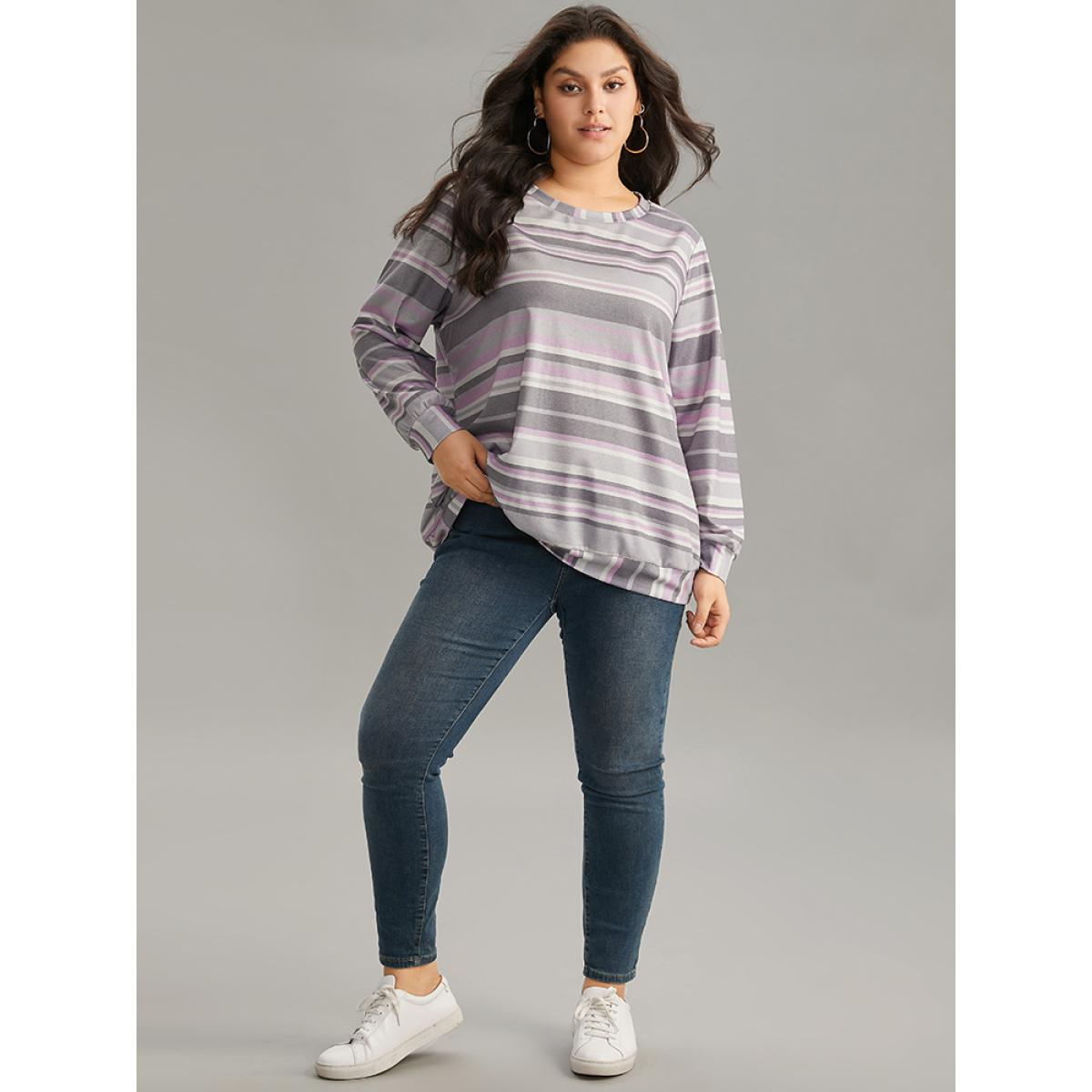 Plus Size Striped Print Round Neck Sweatshirt Women Multicolor Casual Round Neck Dailywear Sweatshirts BloomChic 26/4X Product Image