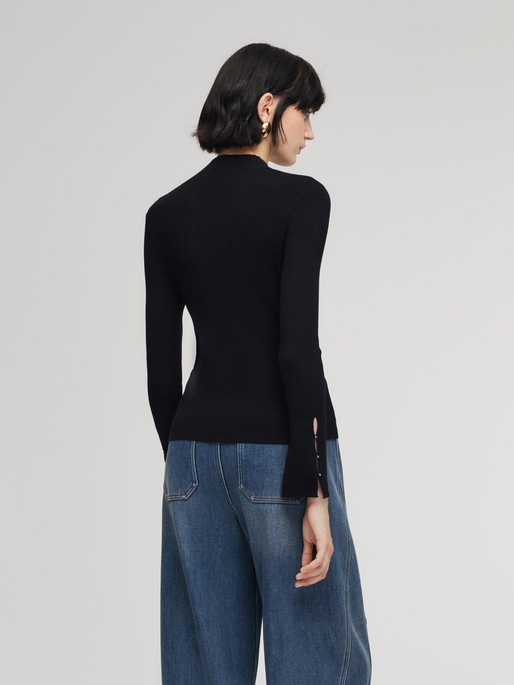 100% Machine Washable Wool Beaded Cuffs Women Mock Neck Knit Top Product Image