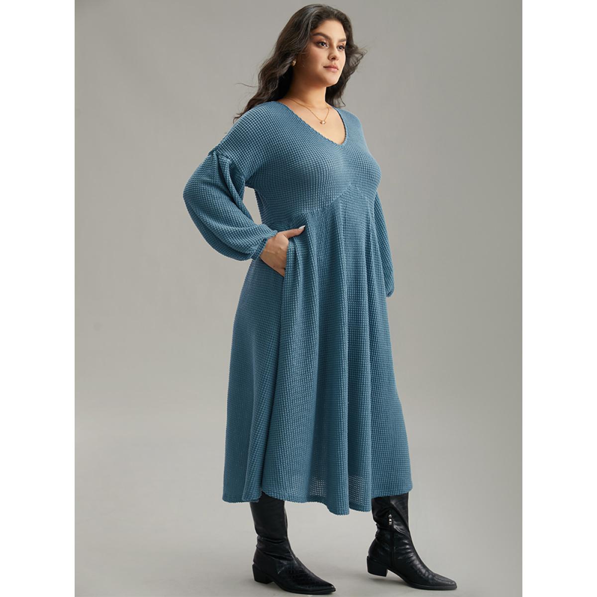 Plus Size Solid Waffle Knit Pocket Lantern Sleeve Dress Aegean Women Casual Texture V-neck Long Sleeve Curvy Midi Dress BloomChic 22-24/3X Product Image