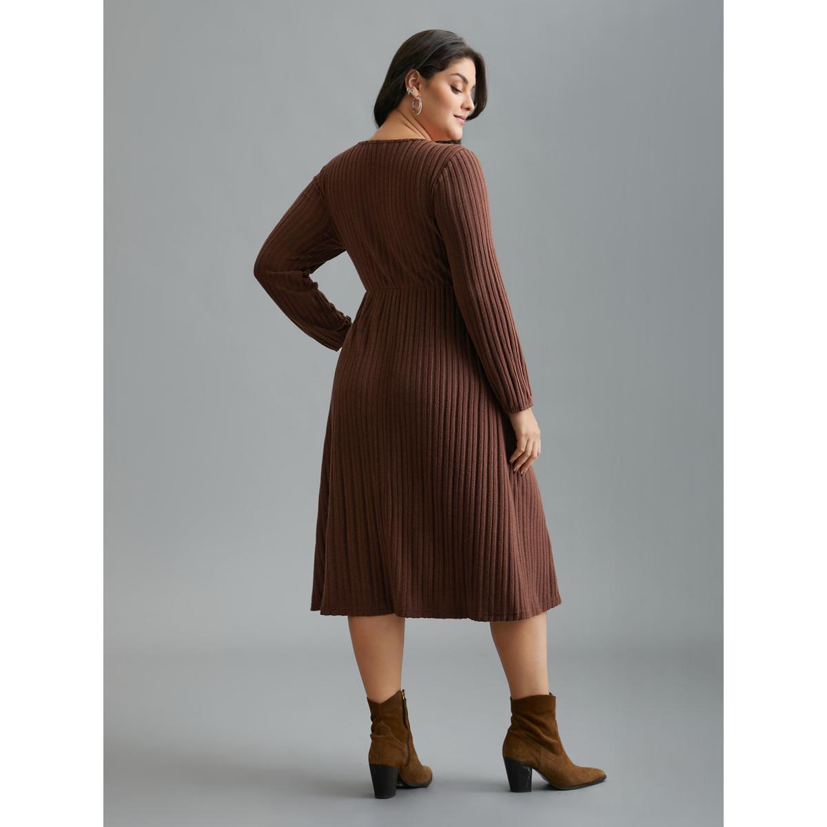 Plus Size Stretchy Waist Defining Knit Midi Dress Rust Women Casual Texture Knit Dresses Bloomchic 18-20/2X Product Image