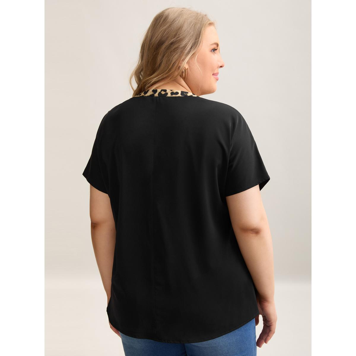 Plus Size Black Leopard Print Spliced Plain Blouse Women Office Sleeveless Non Vacation Blouses BloomChic 12/L Product Image