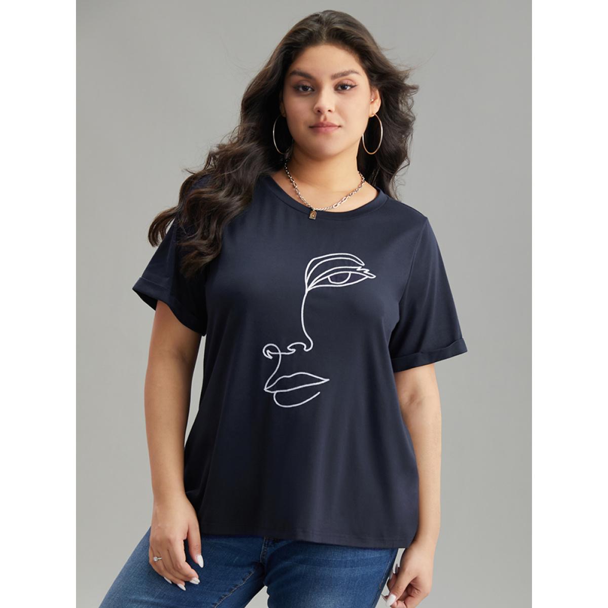 Plus Size Art & Design Embroidered Crew Neck T-shirt Indigo Women Casual Printed Art&design Dailywear T-shirts BloomChic 26/4X Product Image