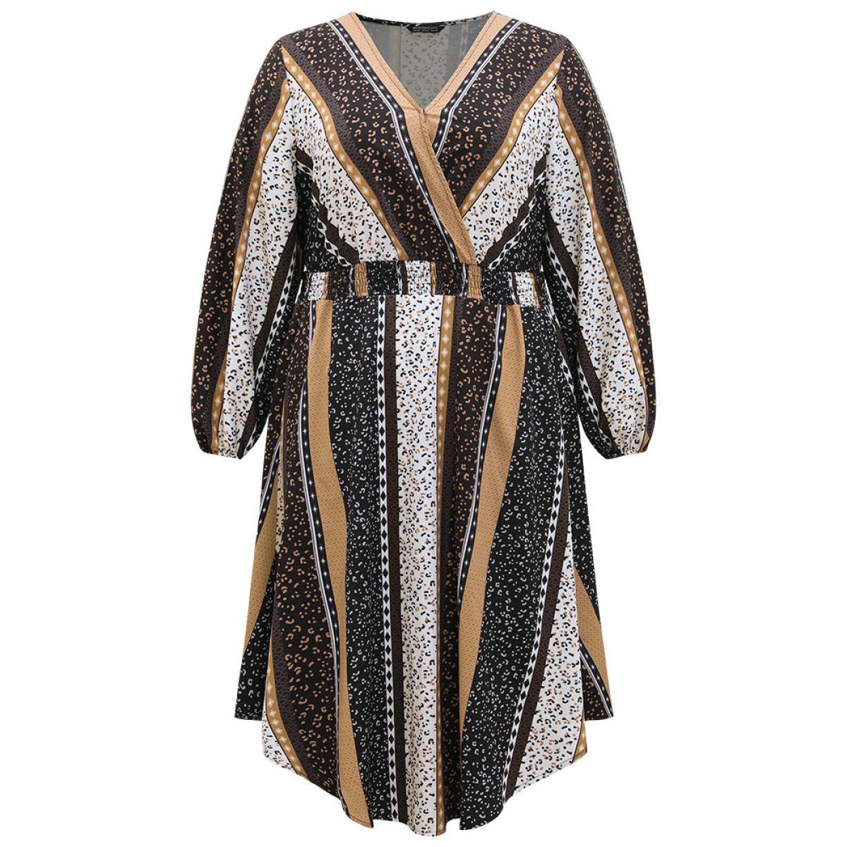 Plus Size Boho Print Striped Shirred Wrap Dress Leopard Women Vacation Elastic cuffs V-neck Long Sleeve Curvy Midi Dress BloomChic 22-24/3X Product Image