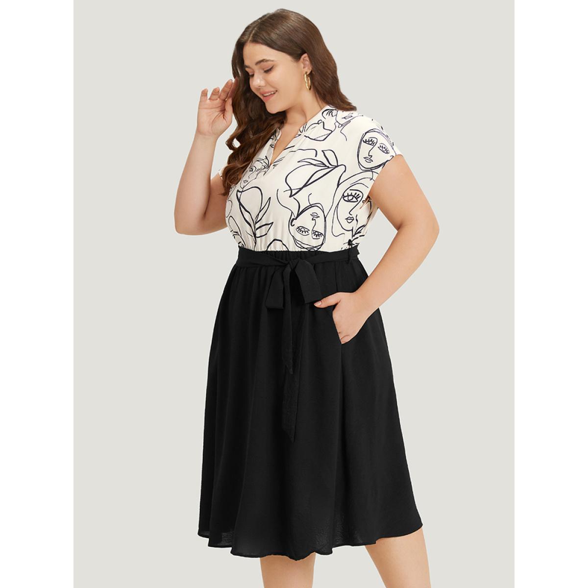 Plus Size Figure Graffiti Notched Patchwork Belted Dress Ivory Women Office Lined Notched collar Short sleeve Curvy Midi Dress BloomChic 12/L Product Image