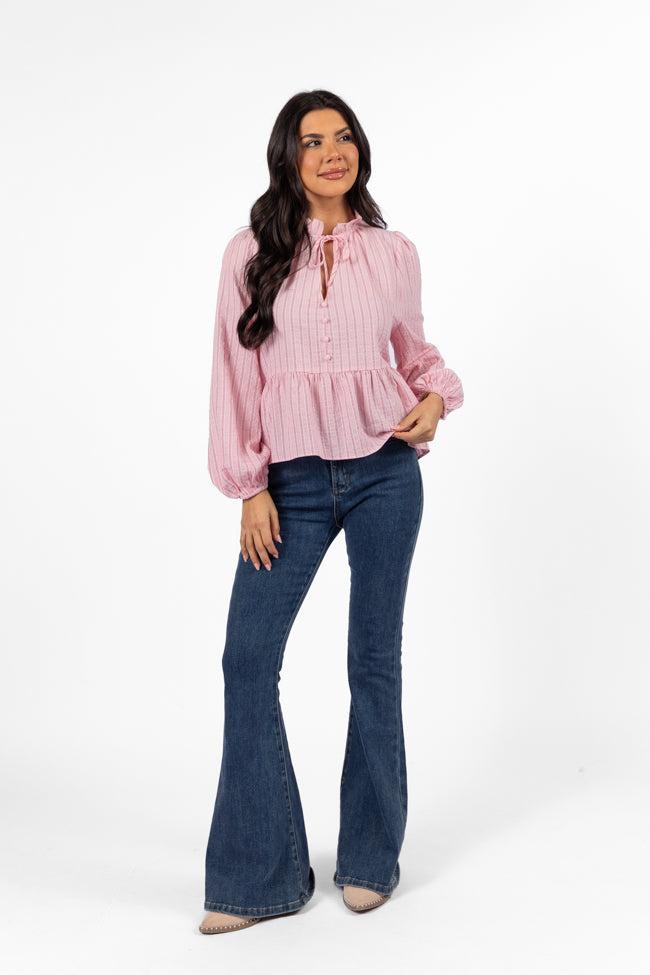 Oh My Darling Pink Stripe Notched Neckline Button Detail Peplum Blouse FINAL SALE Product Image