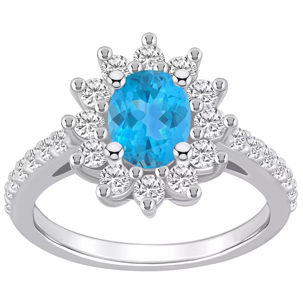Alyson Layne 14k White Gold Oval Cut Blue Topaz & 7/8 Carat T.W. Diamond Halo Ring, Women's Product Image