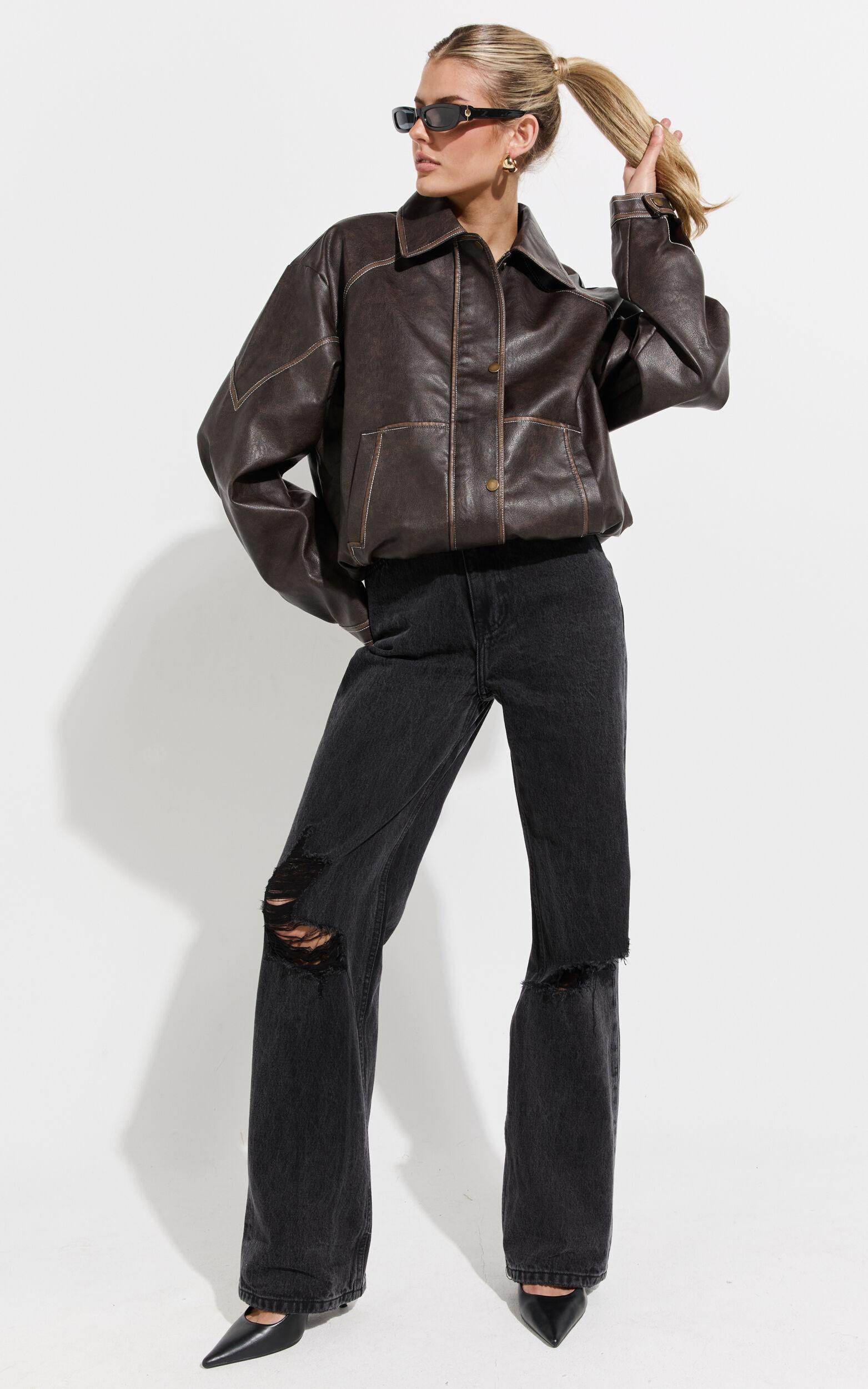 Gail Jacket - Faux Leather Bomber Jacket in Washed Brown Product Image
