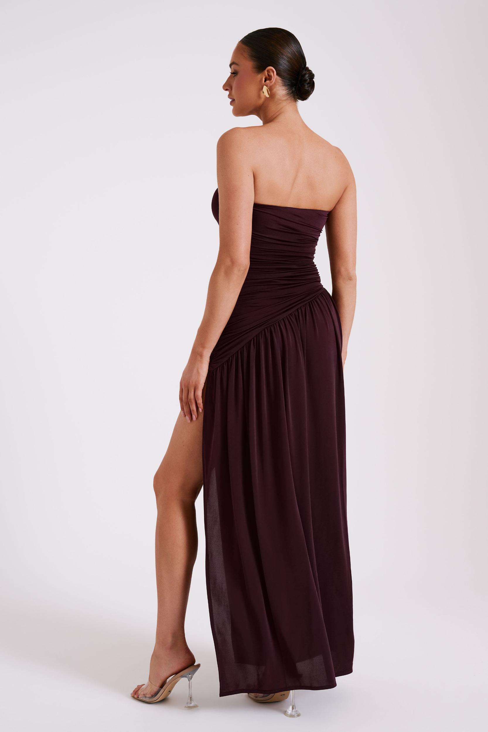 Bex Strapless Slinky Maxi Dress With Split - Burgundy Product Image